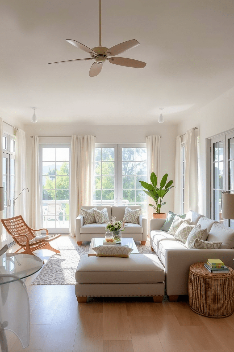 An airy open concept living space designed for summer. Large windows allow natural light to flood the room, enhancing the feeling of openness. The color palette features soft pastels and light neutrals, creating a refreshing atmosphere. Lightweight, breathable fabrics are used for curtains and cushions to maintain airflow and comfort.