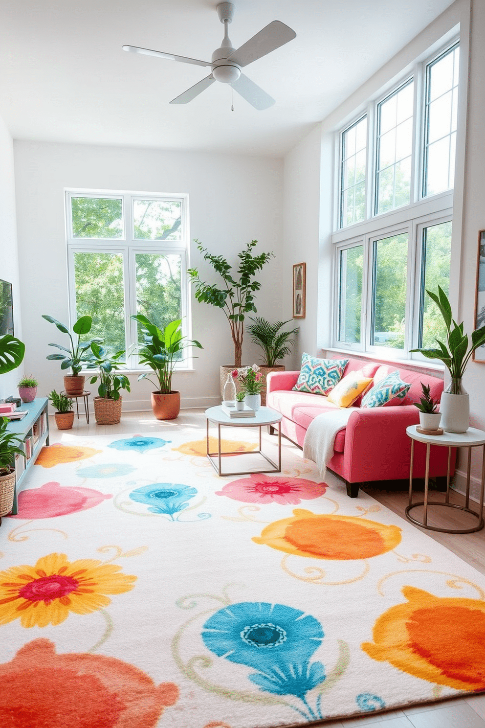 A bright and airy living room featuring a large colorful area rug that adds warmth and comfort to the space. The walls are painted in soft white, and large windows allow natural light to flood in, enhancing the cheerful atmosphere. In one corner, a cozy seating arrangement includes a vibrant sofa adorned with colorful throw pillows. Potted plants and decorative accessories in pastel shades complement the summer decor, creating a fresh and inviting look.