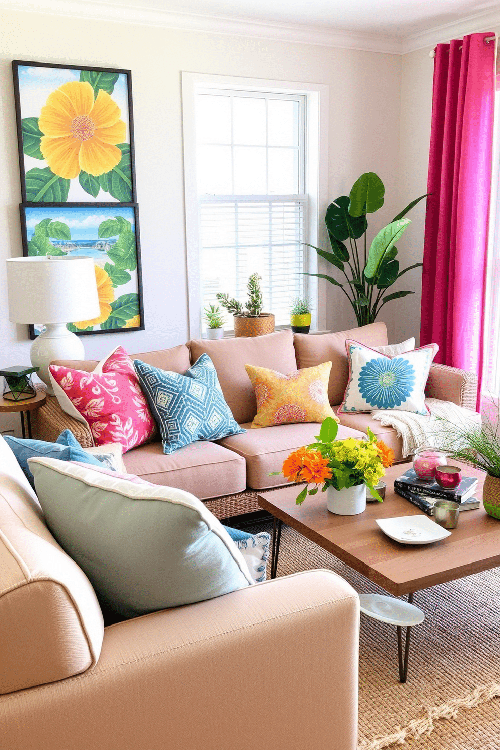 Create a vibrant living room filled with summer decor. Bright wall art featuring tropical themes adorns the walls, bringing a lively atmosphere to the space. Incorporate colorful throw pillows and light fabrics to enhance comfort and style. A mix of natural elements like plants and woven textures adds warmth and a refreshing feel.