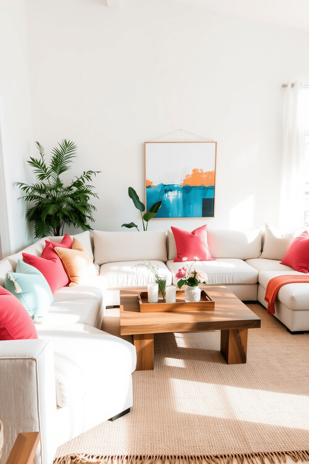 A bright and airy living room filled with natural light. The space features a large sectional sofa in a soft linen fabric, accented with vibrant throw pillows in shades of coral and turquoise. A large coffee table made of reclaimed wood sits in the center, topped with a stylish tray holding scented candles and fresh flowers. The walls are painted a crisp white, while a statement piece of abstract art adds a pop of color above the sofa. In one corner, a tall indoor plant brings life to the room, and a woven basket underneath adds texture. A cozy area rug in a neutral tone anchors the seating area, creating a warm and inviting atmosphere.