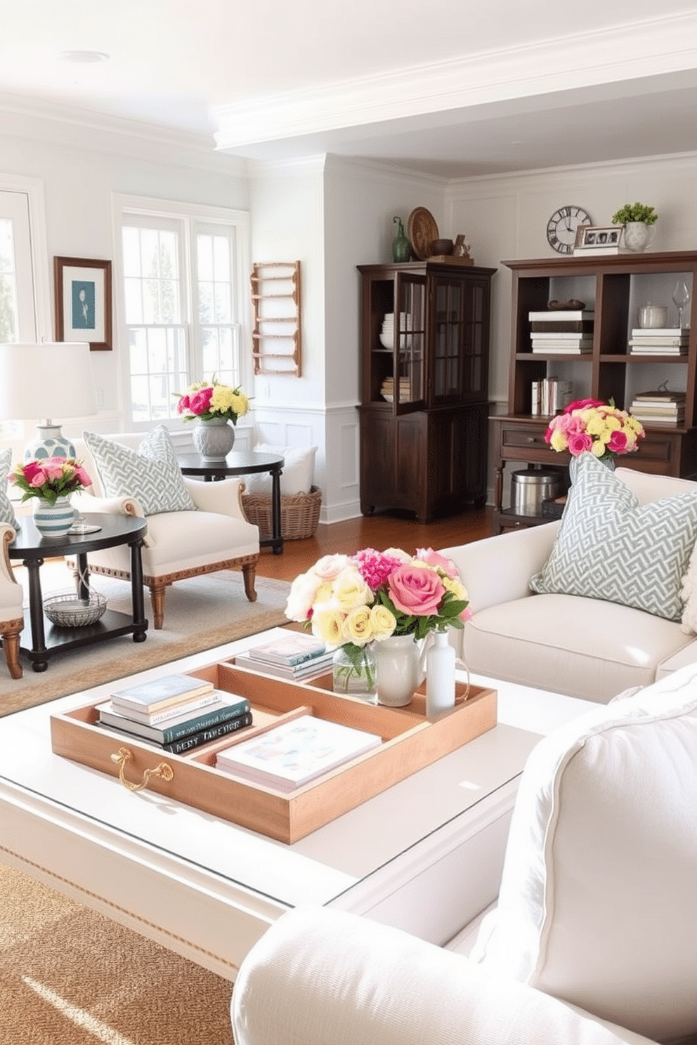 Create a bright and airy living room that features decorative trays on a coffee table to organize books and small decorative items. The room is filled with natural light, with soft pastel colors on the walls and vibrant summer-themed accents throughout. Incorporate fresh flowers in decorative trays placed on side tables for a touch of seasonal charm. Use light fabrics for cushions and throws, enhancing the relaxed summer vibe while maintaining an elegant aesthetic.