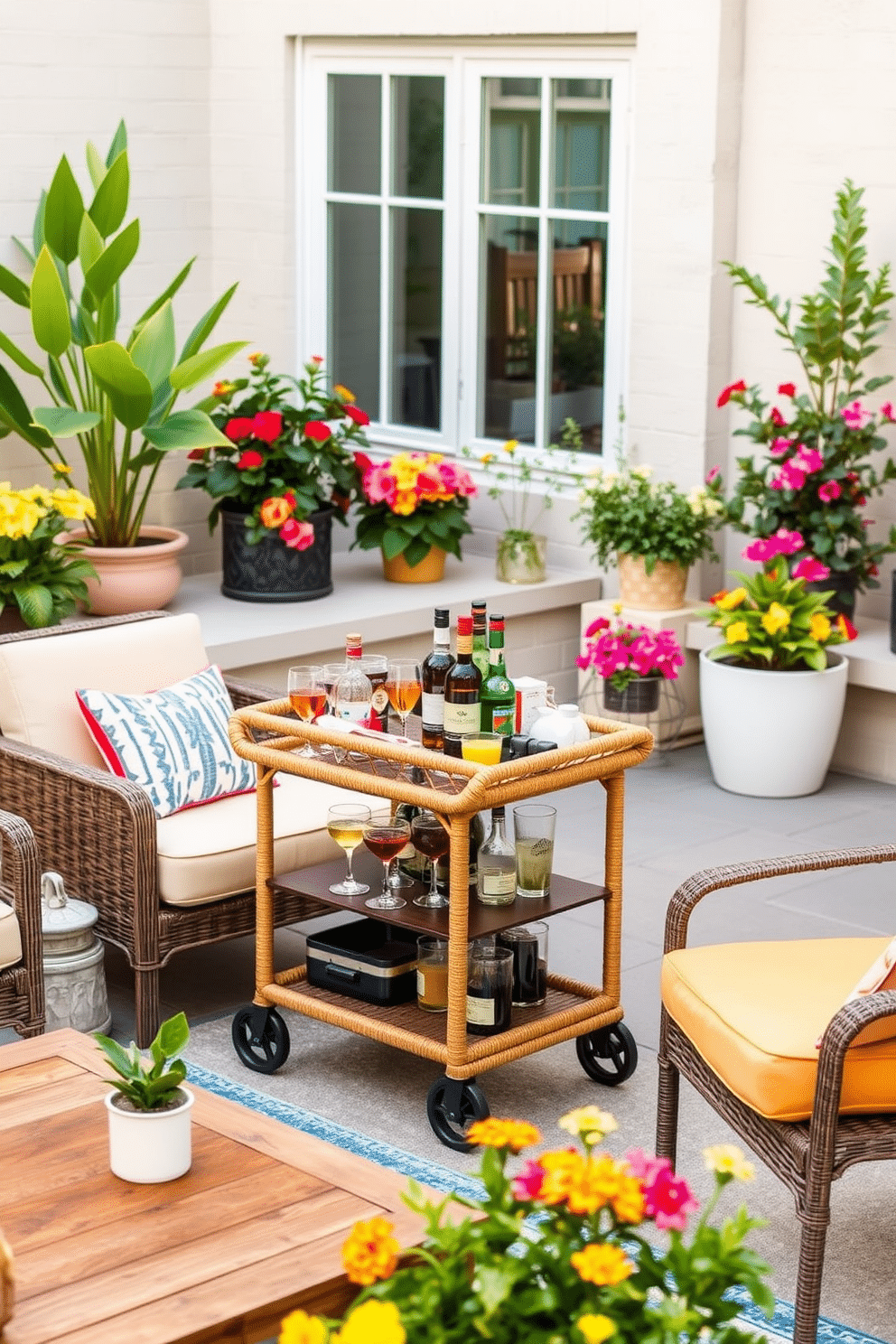 A stylish outdoor patio setting perfect for summer gatherings. The focal point is a sleek bar cart made of rattan, stocked with colorful cocktail glasses and a variety of summer spirits. Surrounding the bar cart are comfortable lounge chairs with bright cushions and a low wooden coffee table. Potted plants with vibrant flowers add a refreshing touch to the space, enhancing the summer vibe.