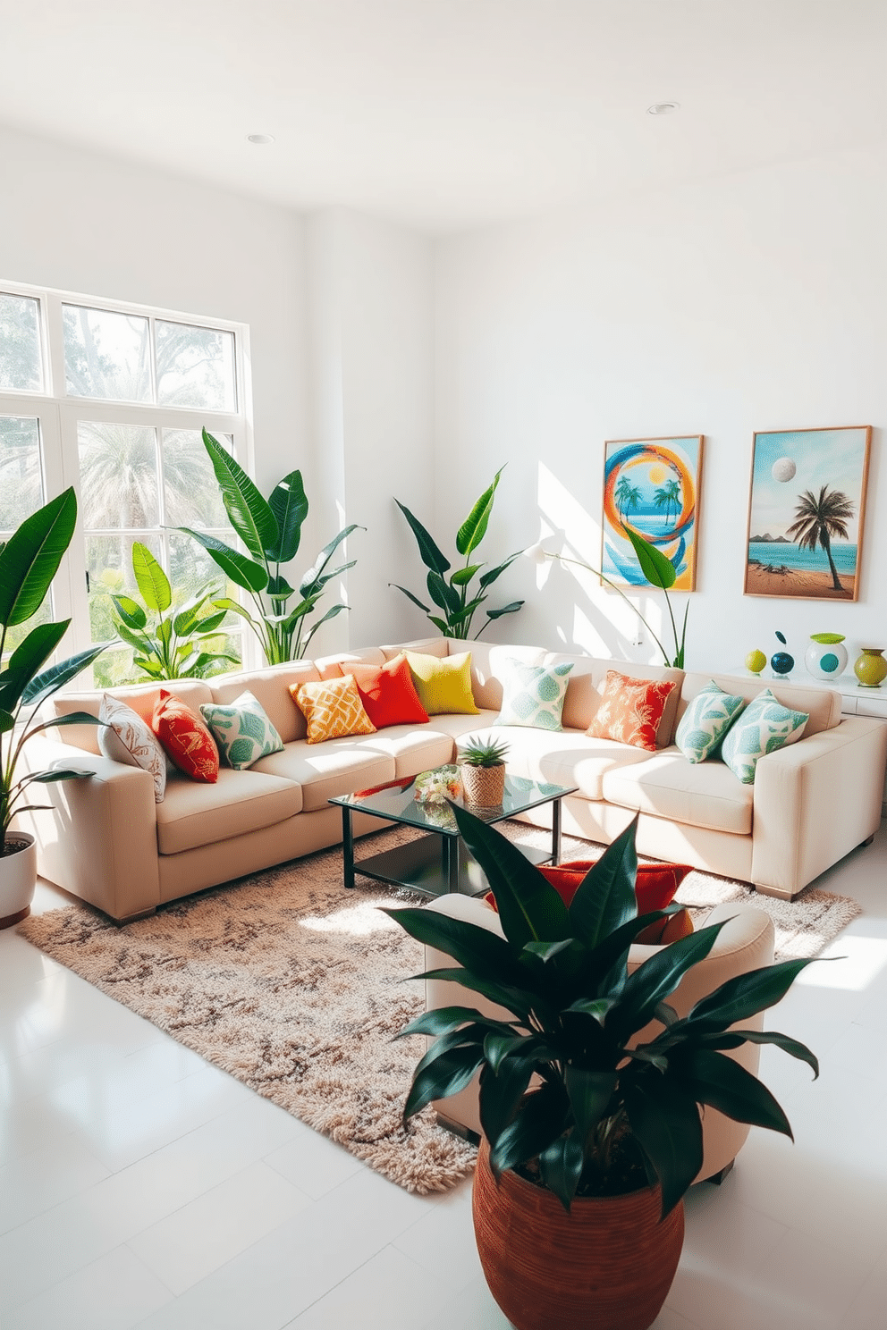 A vibrant living room filled with natural light. The space features a large sectional sofa in a soft beige fabric paired with colorful throw pillows. A glass coffee table sits in the center, surrounded by a plush area rug that adds warmth. Tropical plants in various sizes are strategically placed around the room, bringing a lively touch to the decor. The walls are painted a crisp white, enhancing the bright and airy feel of the space. Summer-themed artwork adorns the walls, adding splashes of color and creativity.