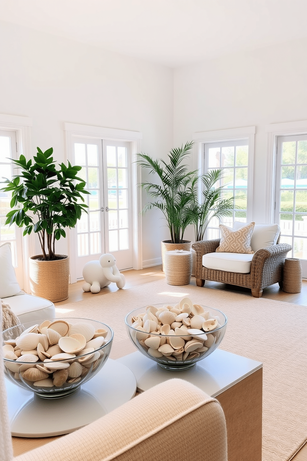 Create a bright and airy living room that showcases decorative bowls filled with a variety of seashells. The room features light-colored walls and a soft, sandy beige rug that complements the coastal theme. Incorporate large windows that allow natural light to flood the space, enhancing the summer vibe. Add fresh greenery in the form of potted plants to bring a touch of nature indoors, creating a relaxing and inviting atmosphere.