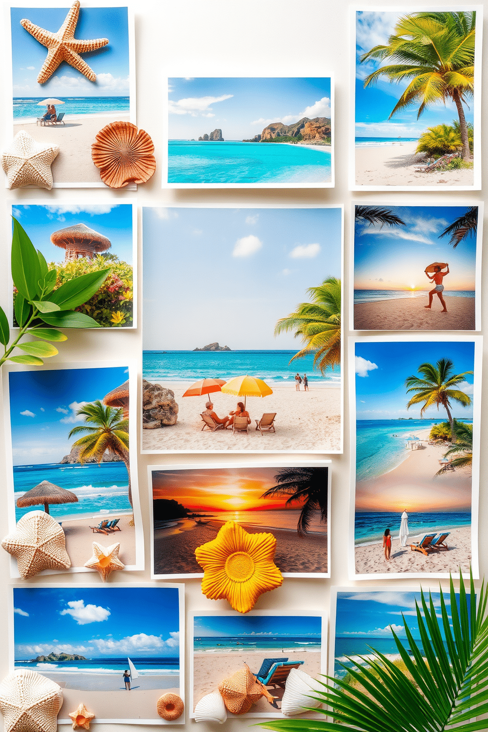 Create a gallery of vacation photos showcasing vibrant summer landscapes and relaxing beach scenes. Each photo should capture the essence of summer with bright colors, clear skies, and inviting atmospheres. Incorporate decorative elements such as seashells, tropical plants, and colorful beach towels to enhance the summer theme. Arrange the photos in a way that tells a story of adventure and leisure, evoking feelings of warmth and nostalgia.