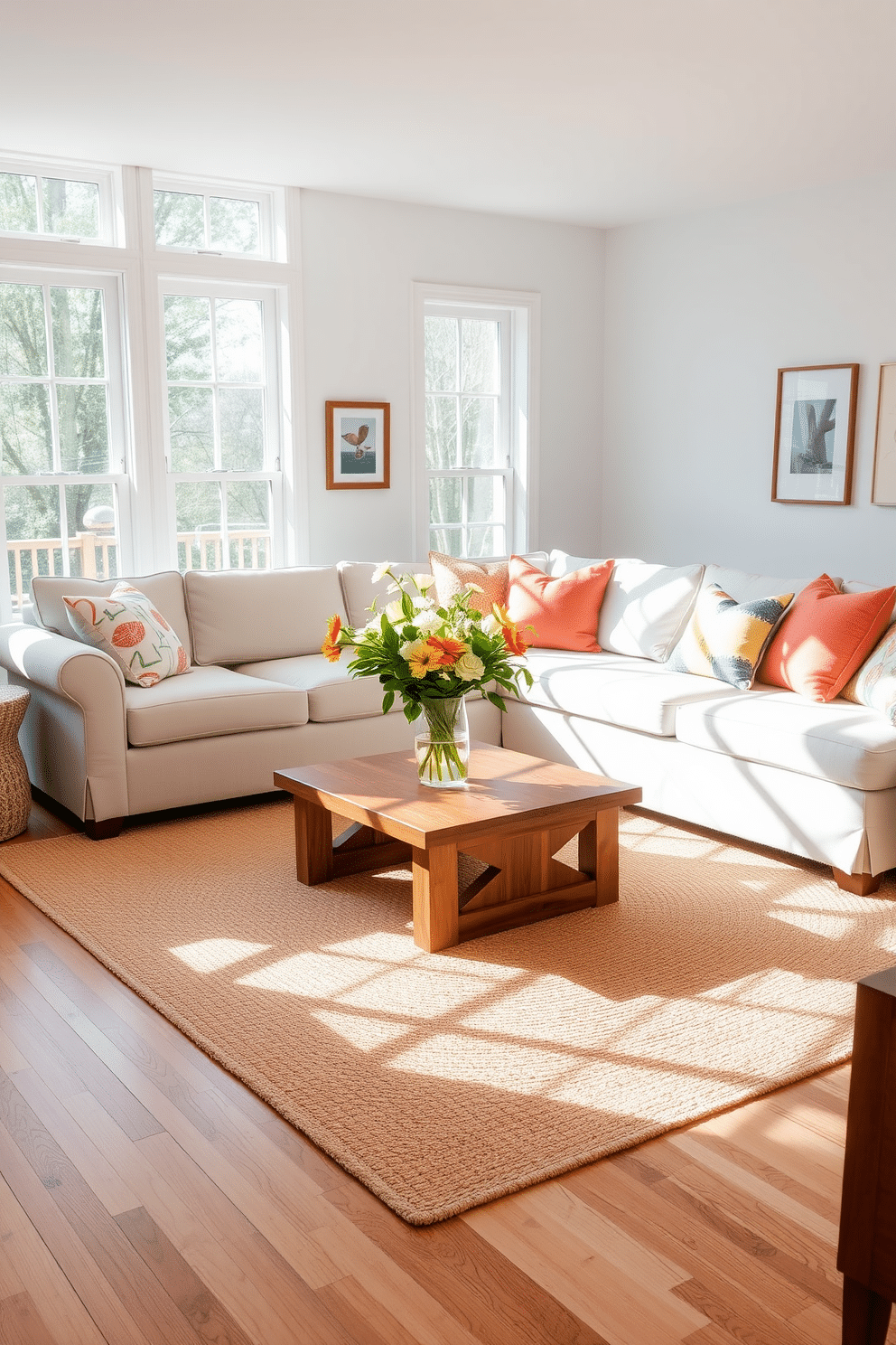 A bright and airy living room filled with natural light. The floor is covered with a soft jute rug, adding warmth and texture to the space. A large sectional sofa in a light linen fabric is adorned with colorful throw pillows. A wooden coffee table sits in the center, showcasing a vase of fresh summer flowers.