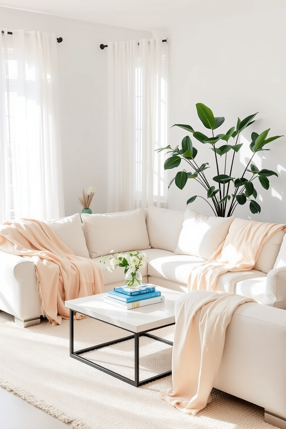 A bright and airy living room adorned with lightweight throws draped over a plush sectional sofa. The throws are in soft pastel colors, adding a refreshing touch to the space, complemented by a large potted plant in the corner. Natural light floods in through sheer curtains, illuminating a coffee table adorned with a few decorative books and a small vase of fresh flowers. The walls are painted in a crisp white, enhancing the summery vibe and creating a serene atmosphere.