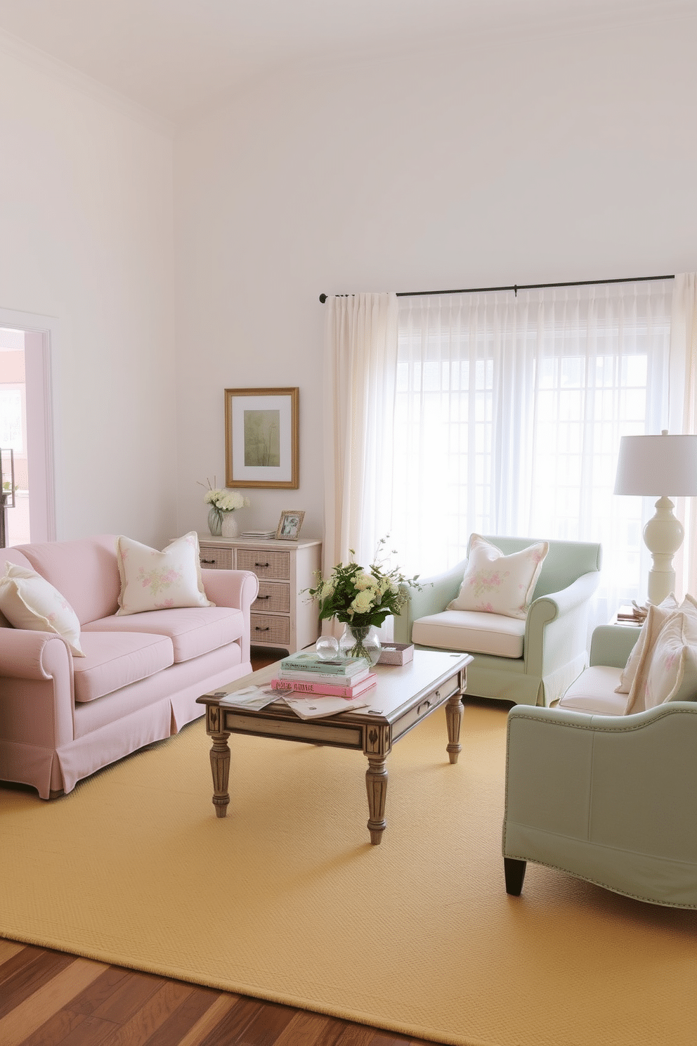 A serene living room adorned with pastel colors creates a soft and inviting atmosphere. A light pink sofa is paired with mint green accent chairs, and a soft yellow area rug anchors the space. Delicate floral throw pillows add a touch of whimsy, while sheer white curtains allow natural light to filter in gently. A wooden coffee table with a distressed finish sits at the center, topped with a collection of pastel-hued decorative books and a small vase of fresh flowers.