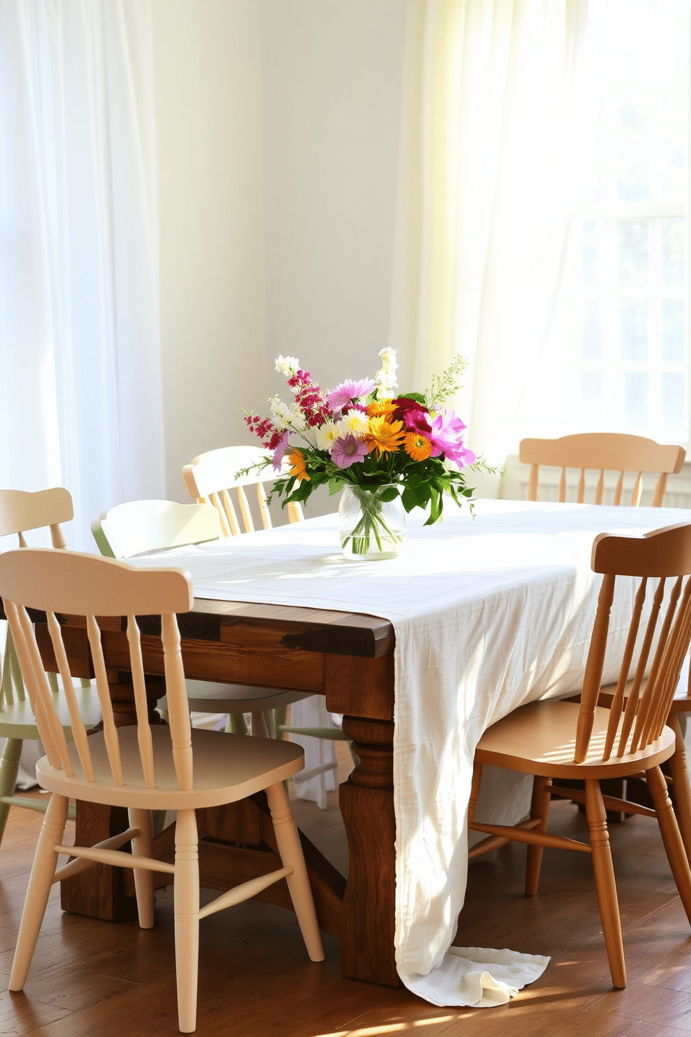 Lightweight linen tablecloth drapes elegantly over a rustic wooden dining table. Surrounding the table are mismatched chairs in soft pastel colors, creating a relaxed and inviting atmosphere. Natural light filters through sheer white curtains, illuminating the space and enhancing the airy feel. A centerpiece of vibrant seasonal flowers adds a pop of color and freshness to the summer dining room setting.