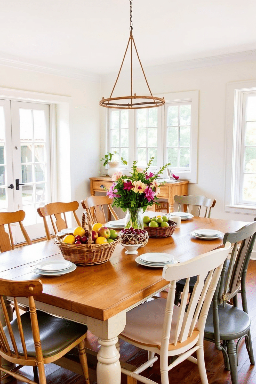 A relaxed summer dining room features a large wooden table surrounded by mismatched chairs. On the table, woven baskets filled with fresh fruits and flowers create a casual yet inviting atmosphere. The walls are painted in a soft pastel color, enhancing the light and airy feel of the space. Natural light pours in through large windows, illuminating the table setting and bringing warmth to the room.