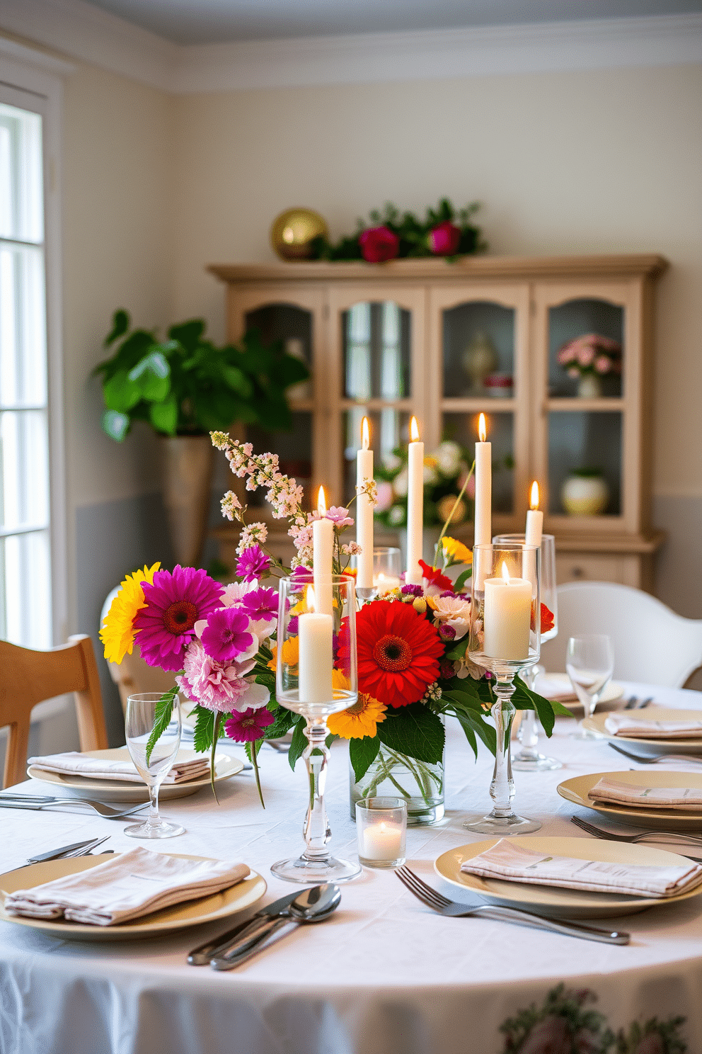 A summer dining room features a beautifully set table adorned with fresh flowers and vibrant tableware. Soft lighting is created by candles in elegant glass holders placed around the table, casting a warm glow over the scene.