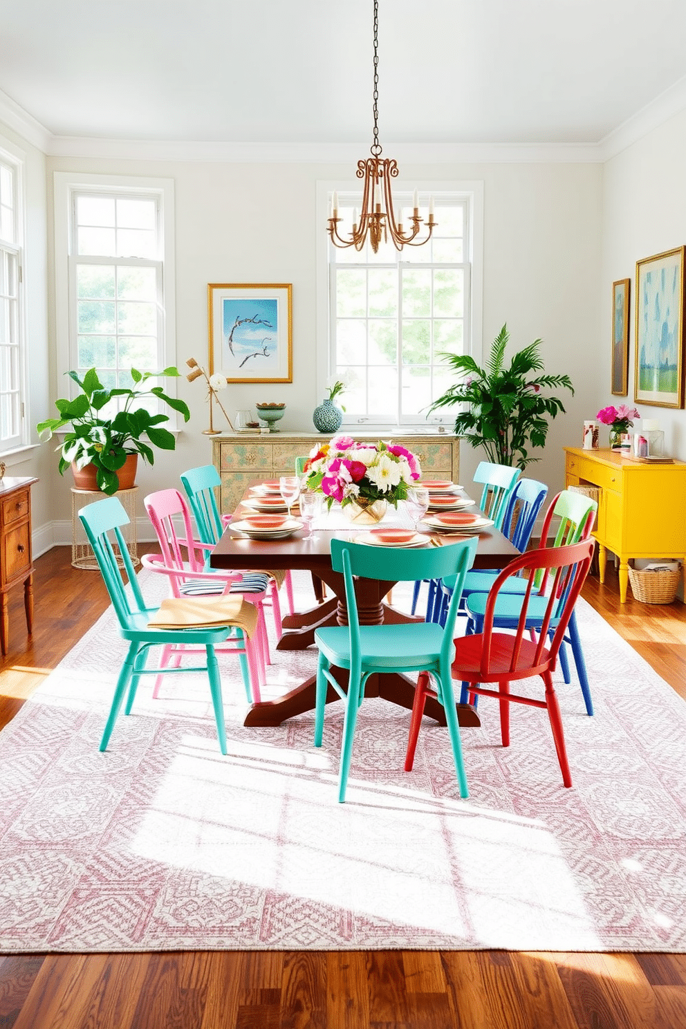 A vibrant summer dining room featuring an eclectic mix of chairs in various styles and colors. The table is set with bright tableware and a centerpiece of fresh flowers, creating a cheerful and inviting atmosphere. The walls are adorned with light, airy artwork that complements the lively decor. Large windows allow natural light to flood the space, enhancing the overall warmth and charm of the room.