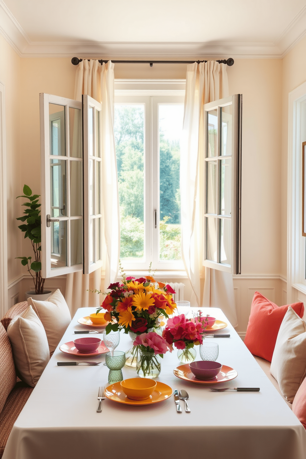 A bright and airy summer dining room with open windows allowing a gentle breeze to flow through. The table is set with vibrant floral centerpieces and colorful dinnerware, creating a cheerful and inviting ambiance. Light, sheer curtains flutter softly in the wind, enhancing the fresh and relaxed atmosphere. The walls are painted in soft pastel tones, complemented by natural wood accents and comfortable seating.