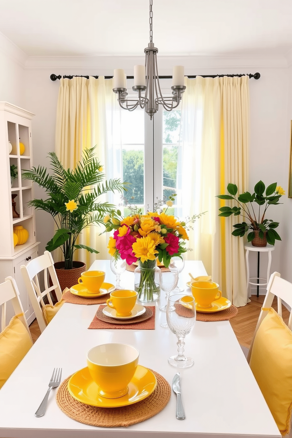 A bright and inviting summer dining room filled with sunshine yellow accents. The table is set with cheerful yellow tableware and a vibrant floral centerpiece that adds a pop of color. Light, breezy curtains flutter gently in the warm breeze, allowing natural light to flood the space. The walls are painted in a soft white, creating a fresh backdrop for the lively decor.