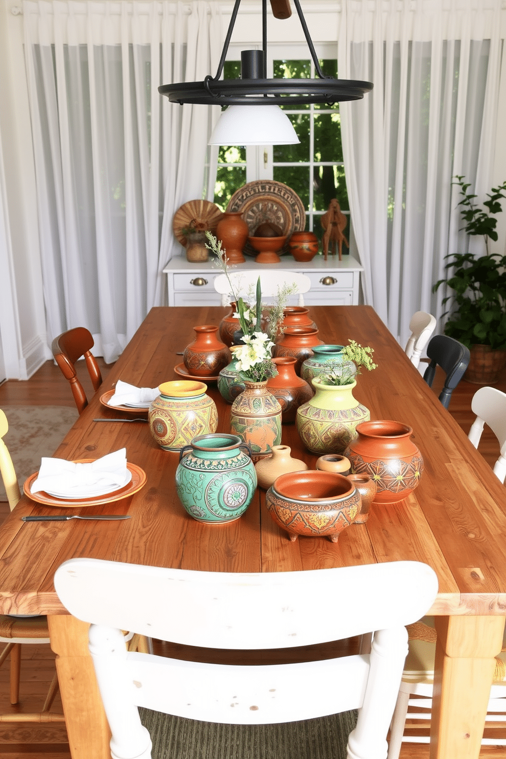 A beautifully arranged summer dining room features a large wooden table adorned with artisan pottery that showcases intricate designs and vibrant colors. Surrounding the table are mismatched chairs that add a touch of whimsy, while soft natural light filters through sheer curtains, creating a warm and inviting atmosphere.