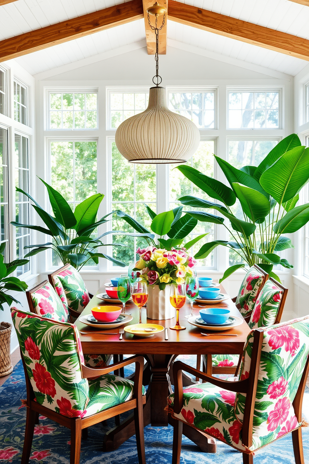 A vibrant summer dining room adorned with tropical prints on cushions and decor. The table is set with colorful plates and glasses, surrounded by chairs featuring bold floral patterns. Large windows allow natural light to flood the space, highlighting the lush green plants placed around the room. A statement pendant light hangs above the table, adding a touch of elegance to the cheerful atmosphere.