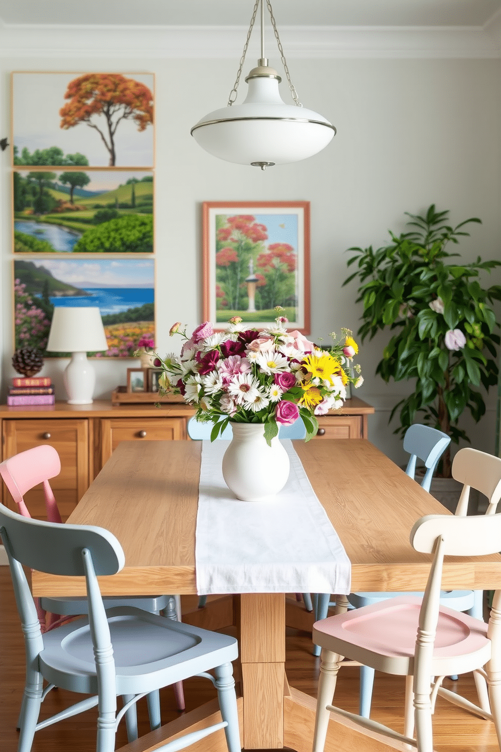 Create a bright and airy dining room that captures the essence of summer. The walls are adorned with vibrant seasonal artwork featuring lush landscapes and colorful blooms. A large wooden dining table is set with a light linen tablecloth and mismatched chairs in pastel hues. Fresh flowers in a ceramic vase sit at the center, complementing the artwork and adding a touch of nature to the space.