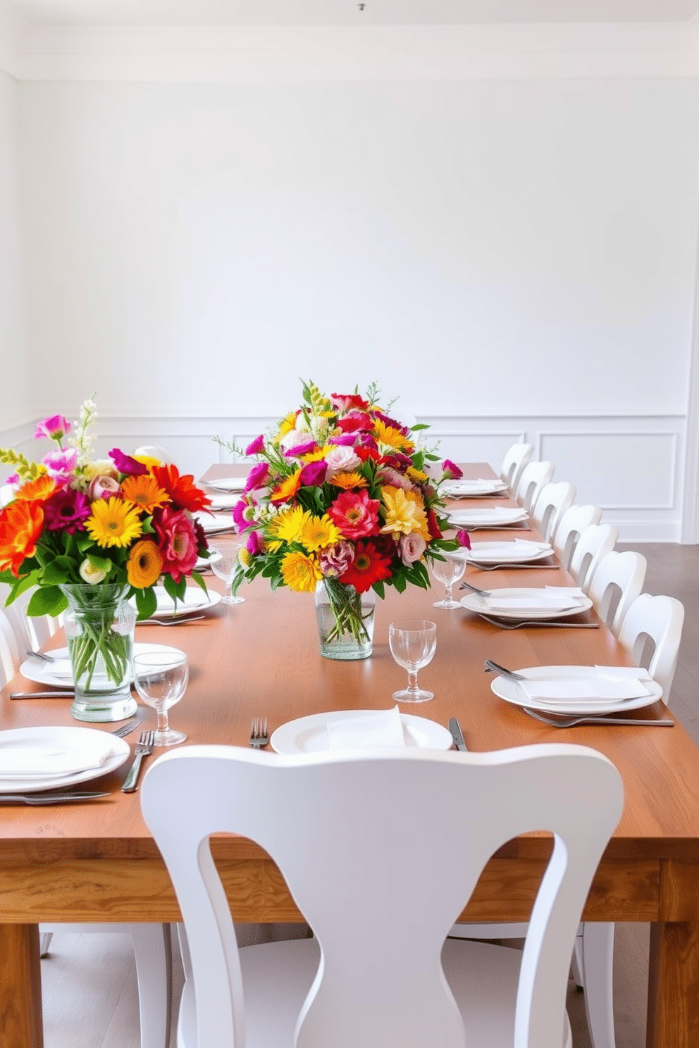 Bright floral centerpieces with vibrant colors adorn a long wooden dining table set for summer. The table is surrounded by elegant white chairs, and the walls are painted in a soft pastel hue to enhance the cheerful atmosphere.