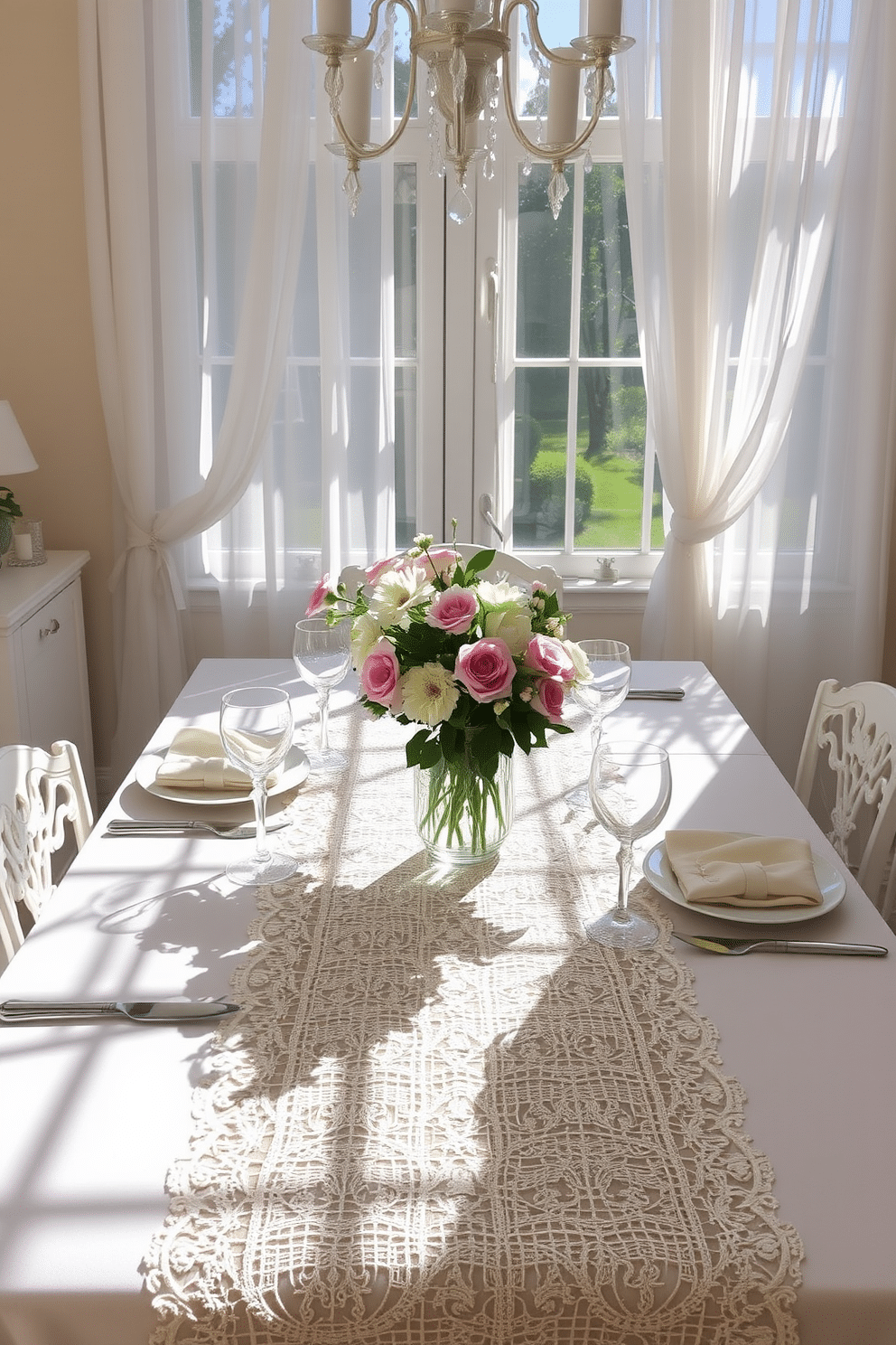 A summer dining room adorned with lace table runners creates a delicate elegance. The table is set with fine china and crystal glassware, complemented by fresh flowers in a vase at the center. Soft pastel colors dominate the decor, enhancing the light and airy atmosphere. Sunlight streams through sheer curtains, casting beautiful shadows across the lace and adding a touch of warmth to the space.