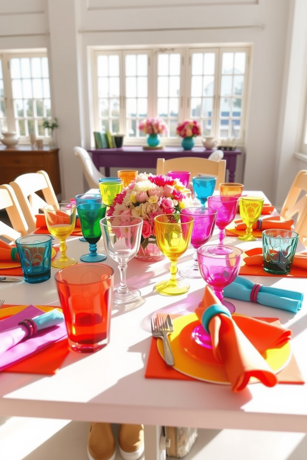 Brightly colored drinkware is arranged on a vibrant table setting, featuring an array of mismatched glasses in shades of blue, yellow, and pink. The table is adorned with a cheerful floral centerpiece, and colorful napkins are neatly folded beside each place setting. The dining room walls are painted in a soft white to contrast with the lively decor, creating a fresh and inviting atmosphere. Sunlight streams through large windows, enhancing the playful ambiance and making the colors pop.