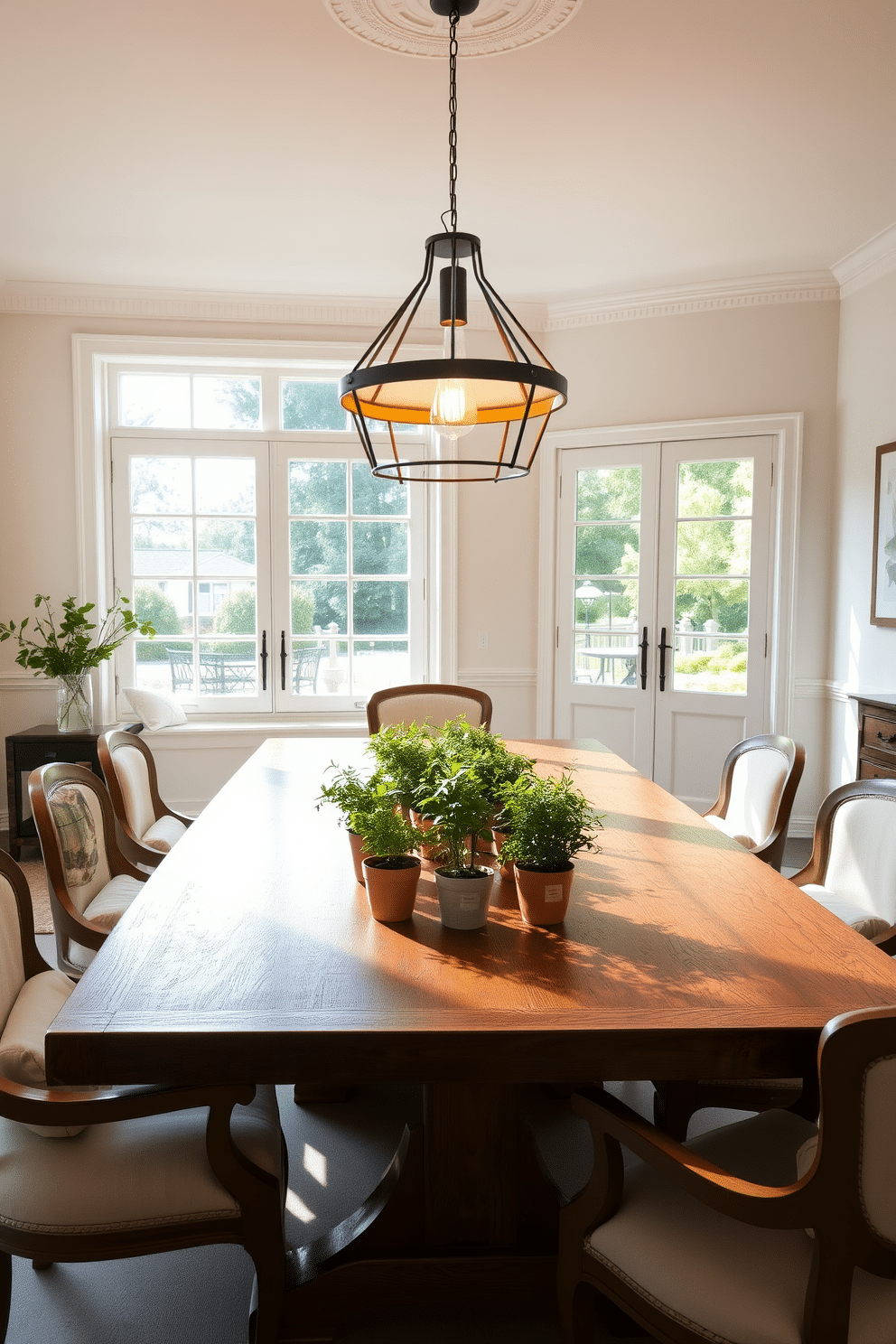 A bright and airy dining room featuring a large wooden table adorned with fresh herbs in pots as the centerpiece. Surrounding the table are elegant chairs with soft cushions, and large windows let in natural light, creating a warm and inviting atmosphere. The walls are painted in a light pastel color, complemented by subtle floral artwork. A stylish pendant light hangs above the table, casting a gentle glow over the space, enhancing the summer dining vibe.