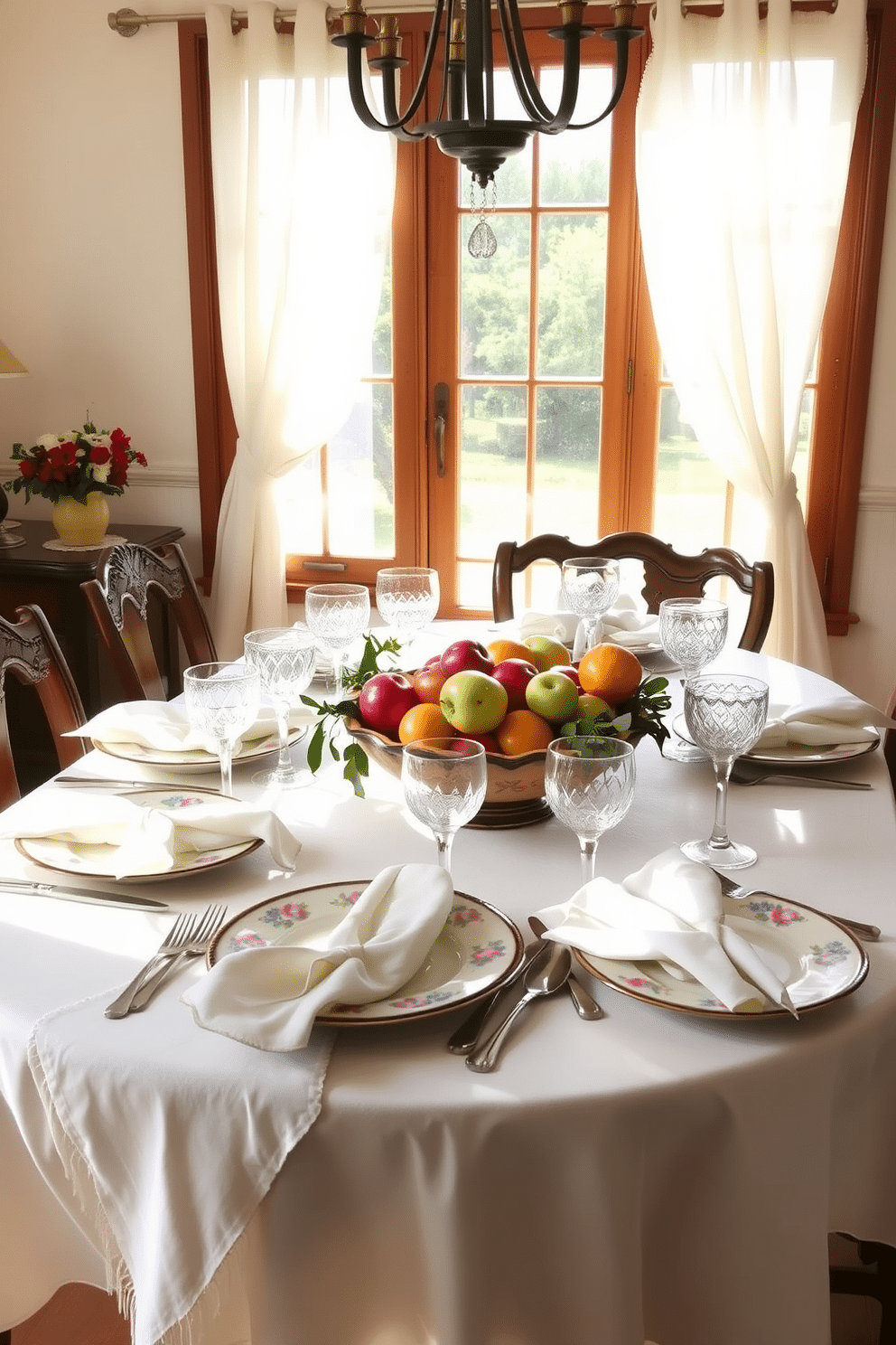 A charming summer dining room featuring vintage tableware that evokes nostalgia. The table is set with delicate floral-patterned plates, mismatched cutlery, and crystal glassware, creating a warm and inviting atmosphere. The centerpiece is a rustic wooden bowl filled with fresh seasonal fruits. Soft linen napkins are casually draped over the plates, and sunlit curtains flutter gently in the breeze, enhancing the cheerful ambiance.