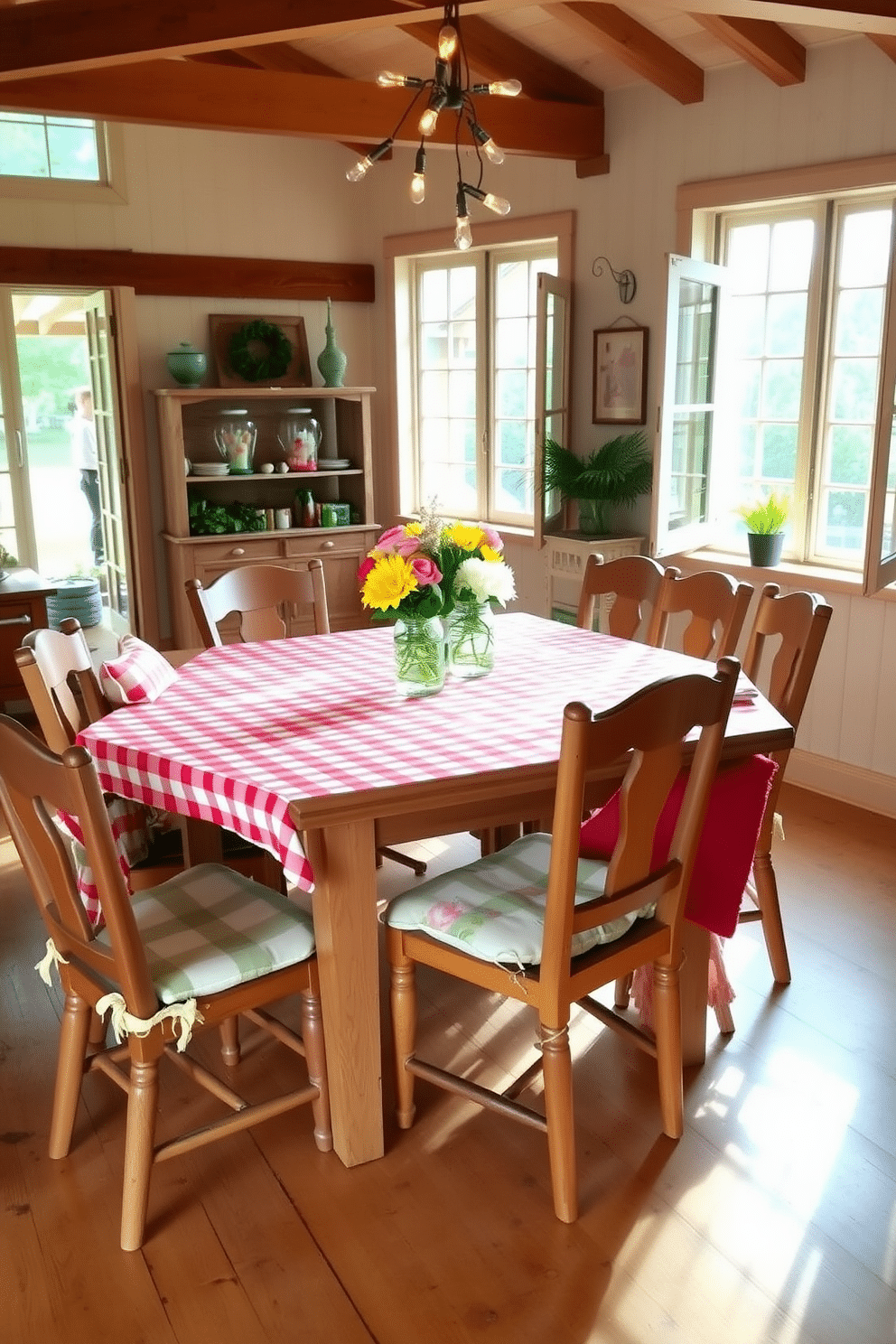 A charming picnic-style dining room features a large wooden table set with a colorful checkered tablecloth. Surrounding the table are mismatched chairs adorned with soft cushions, creating a relaxed and inviting atmosphere. The room is filled with natural light streaming through open windows, enhancing the bright and cheerful decor. Fresh flowers in mason jars serve as centerpieces, while string lights hang overhead to add a whimsical touch.