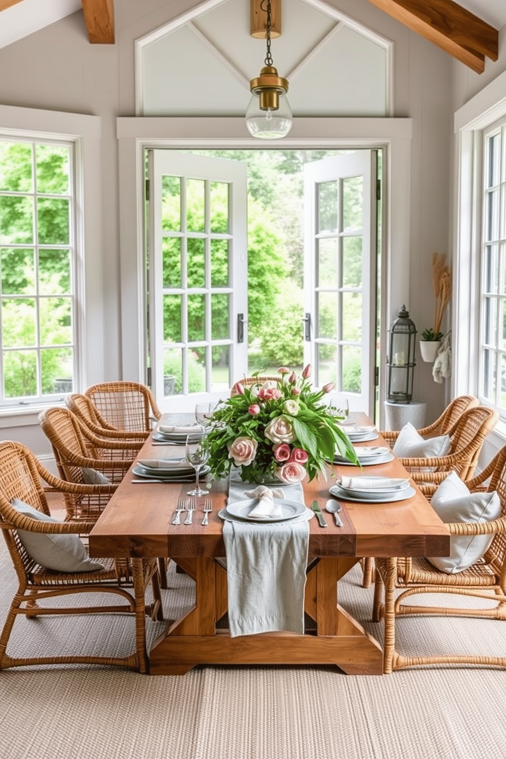 Outdoor inspired decor for indoor spaces. Imagine a bright and airy dining room with large windows that open to a lush garden view. The table is made of reclaimed wood, surrounded by comfortable rattan chairs. A centerpiece of fresh flowers and greenery enhances the natural vibe, while soft, neutral linens complete the look.