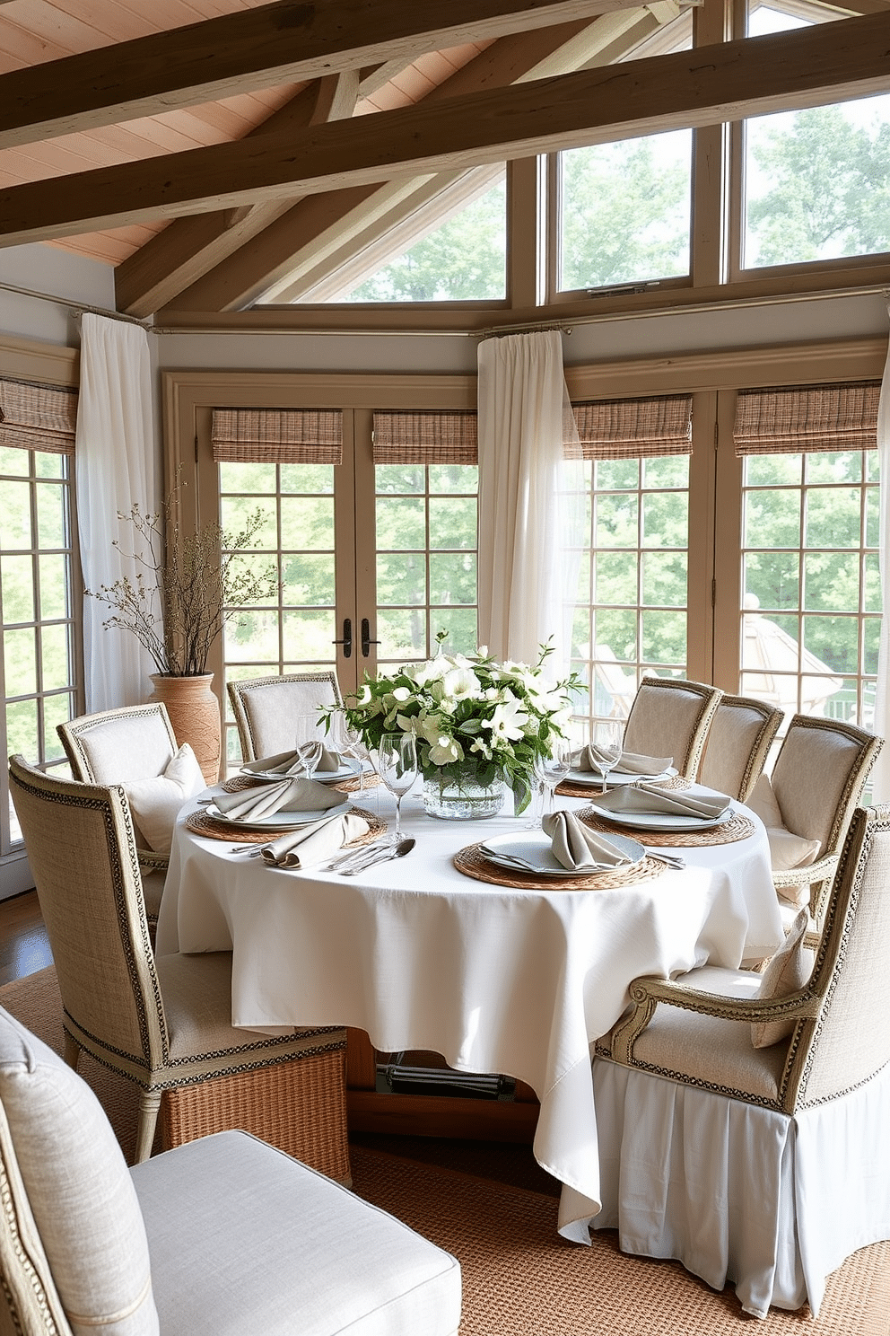 A summer dining room filled with layered textures created by a mix of soft linens and rich fabrics. The table is elegantly set with a light linen tablecloth, complemented by textured fabric napkins and woven placemats. Surrounding the table, there are upholstered chairs featuring a blend of pastel colors and natural fibers. Large windows let in abundant sunlight, enhancing the airy feel with sheer curtains fluttering gently in the breeze.