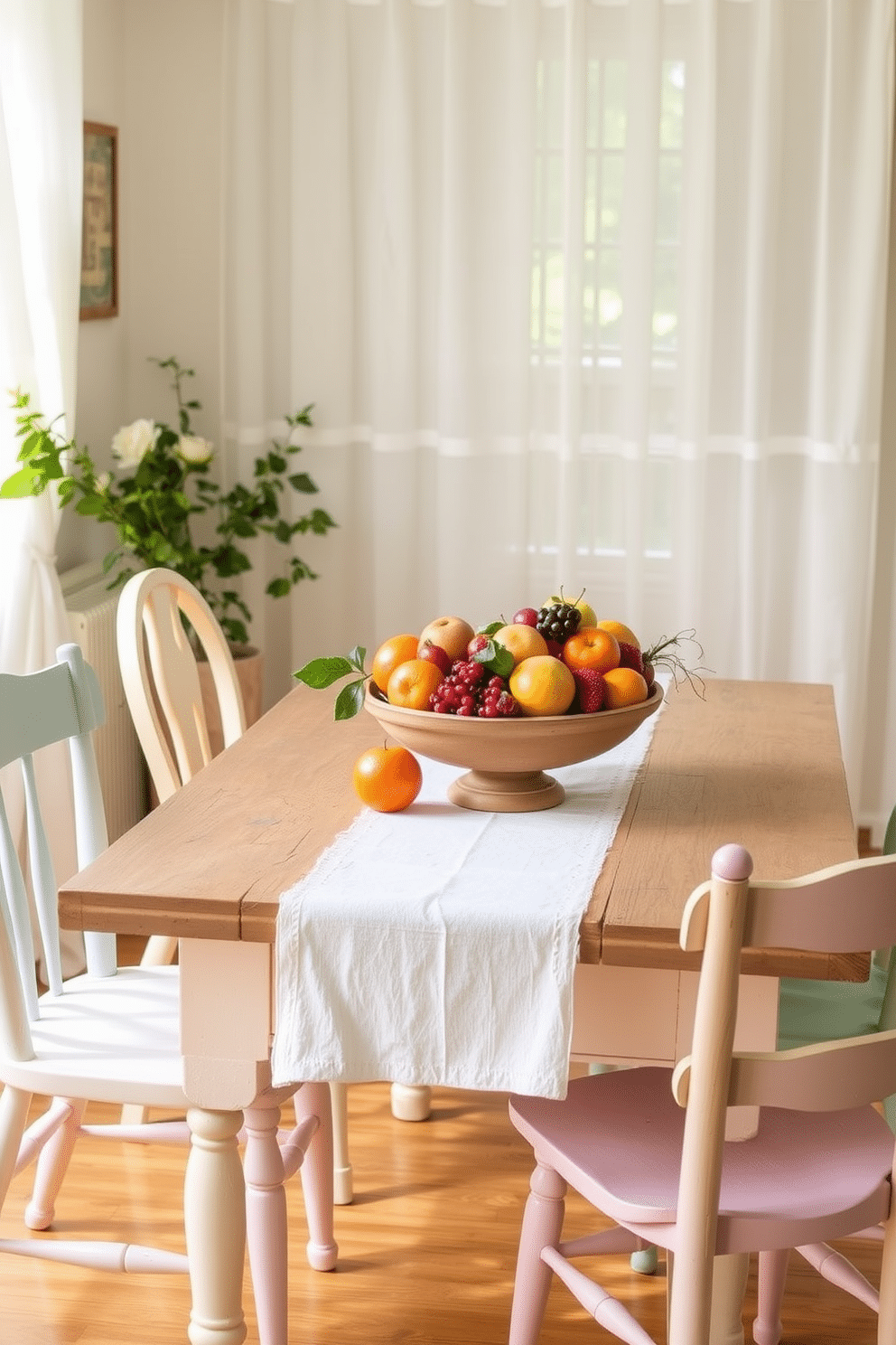 A charming summer dining room setting. A rustic wooden table is adorned with a simple fruit bowl filled with vibrant seasonal fruits like oranges, apples, and berries. Around the table, mismatched chairs in pastel colors create a relaxed atmosphere. Soft, natural light streams in through sheer curtains, enhancing the inviting ambiance.