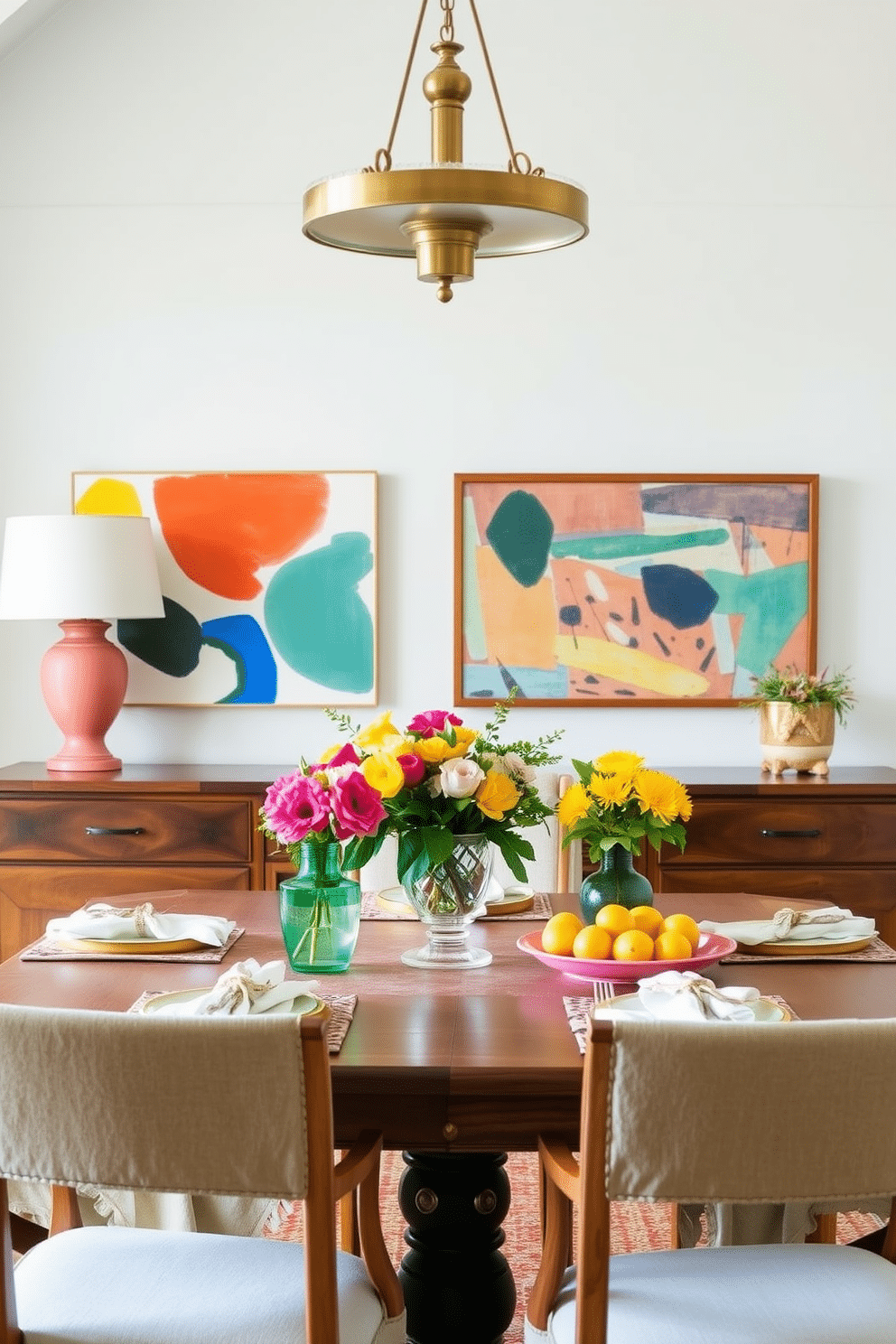 Brightly colored wall art adds a vibrant touch to the space, creating a focal point that draws the eye. The artwork features abstract designs in bold hues, complementing the overall decor of the room. For summer dining room decorating ideas, incorporate light and airy textiles like linen tablecloths and cotton napkins. Fresh flowers in bright vases and seasonal fruits as centerpieces enhance the cheerful atmosphere.