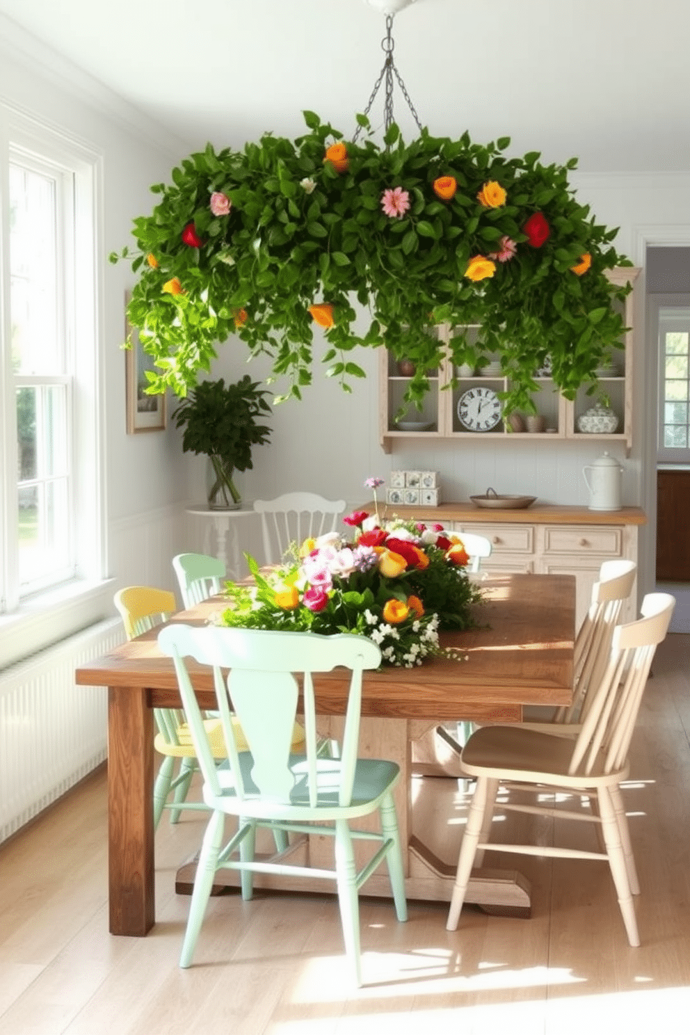 A bright and airy summer dining room features a rustic wooden table adorned with a lush seasonal garland made of vibrant green leaves and colorful flowers. Above the table, the garland drapes gracefully, creating a cheerful focal point that enhances the warm, inviting atmosphere of the space. Surrounding the table, mismatched chairs in soft pastel hues add a playful touch to the decor. The walls are painted in a light, refreshing color that complements the seasonal theme, while natural light floods in through large windows, illuminating the cheerful setting.