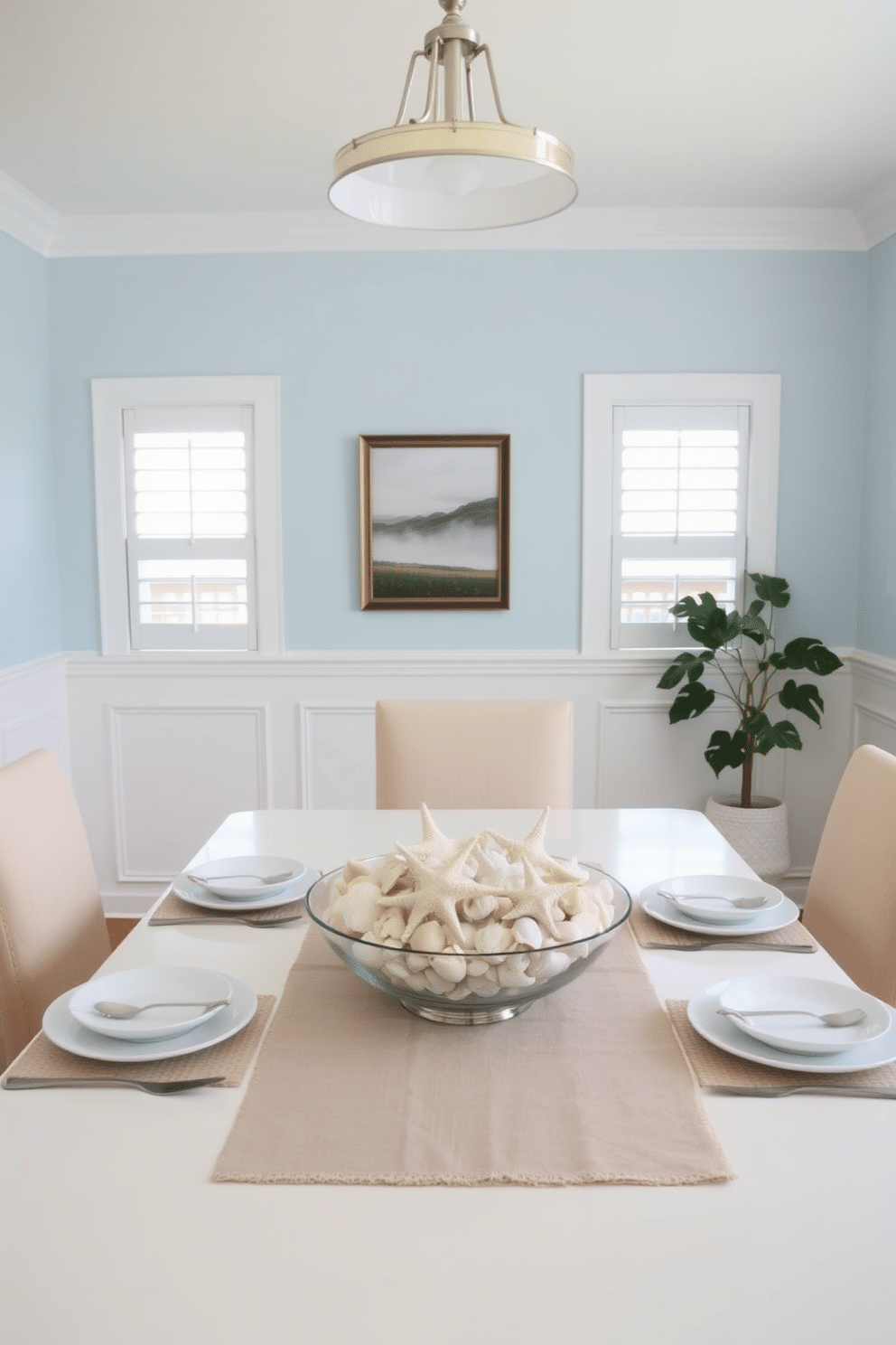 A bright and airy dining room with coastal themed decor. The table is set with seashell accents, including a centerpiece made of assorted seashells and starfish arranged in a glass bowl. Light blue walls create a serene backdrop, complemented by white wainscoting. The dining chairs are upholstered in a soft, sandy beige fabric, evoking a beachy feel.