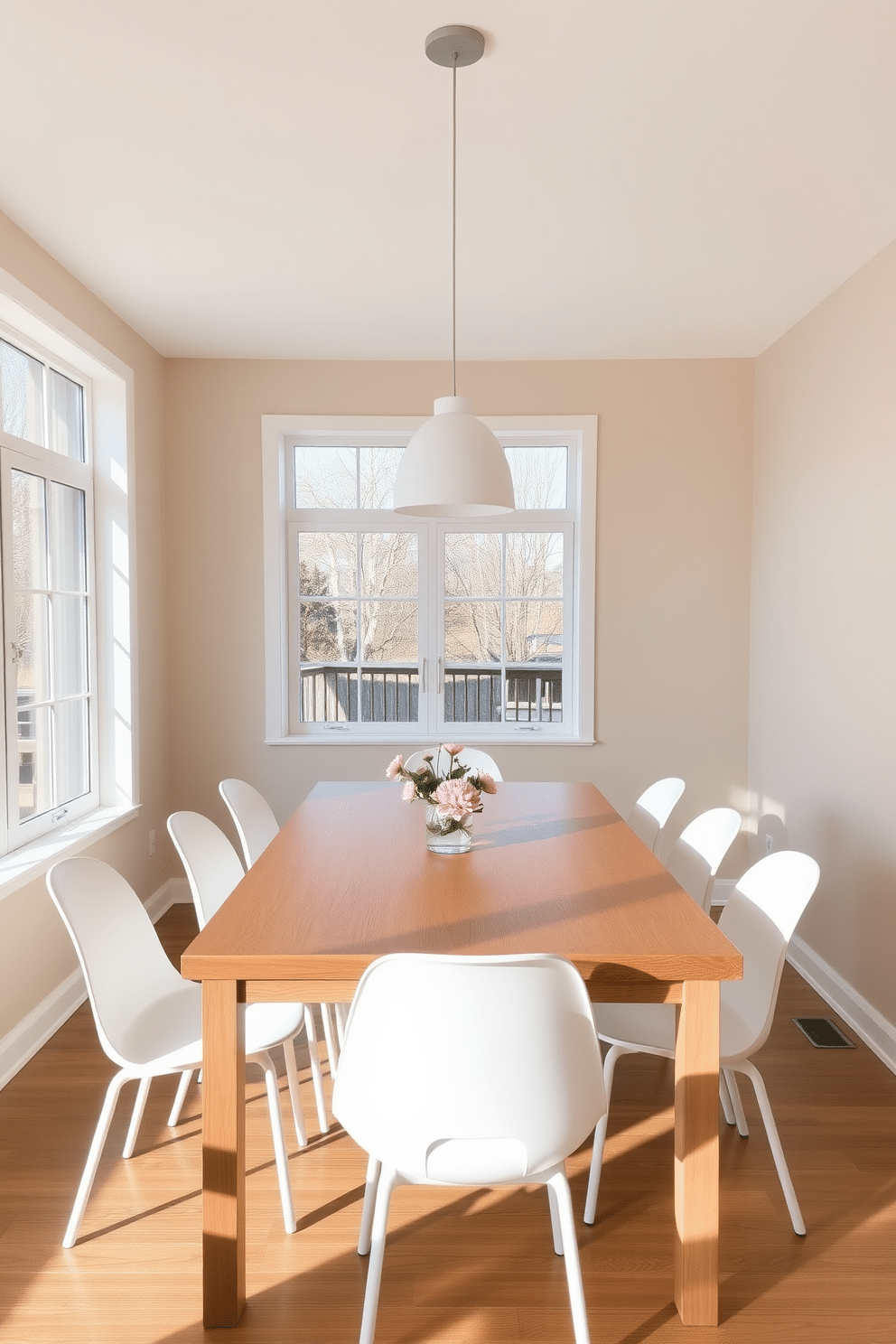 A bright and airy dining room features a sleek wooden table surrounded by simple white chairs. Large windows let in natural light, and a subtle centerpiece of fresh flowers adds a touch of color. The walls are painted in a soft beige, creating a warm and inviting atmosphere. A minimalist pendant light hangs above the table, enhancing the clean lines of the decor.