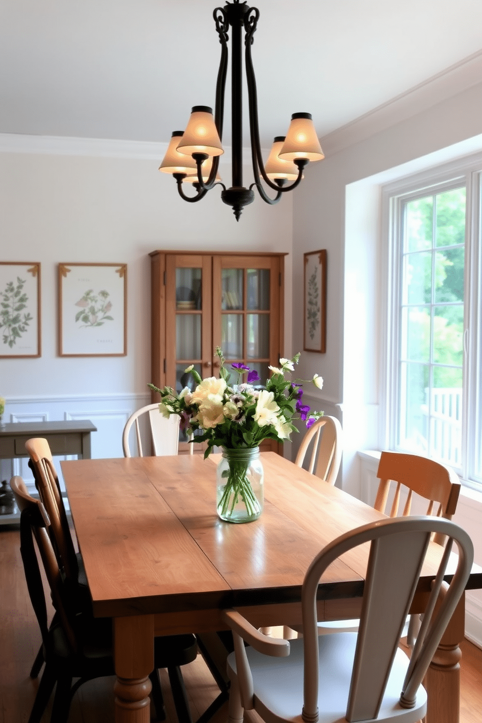 A natural wood dining table sits at the center of the room, surrounded by mismatched chairs that add a touch of character. Soft, ambient lighting from a wrought iron chandelier casts a warm glow over the space, enhancing the rustic charm. The walls are adorned with botanical prints, and a large window allows natural light to flood in, creating an inviting atmosphere. Fresh flowers in a mason jar serve as a simple yet elegant centerpiece, complementing the overall summer dining room theme.