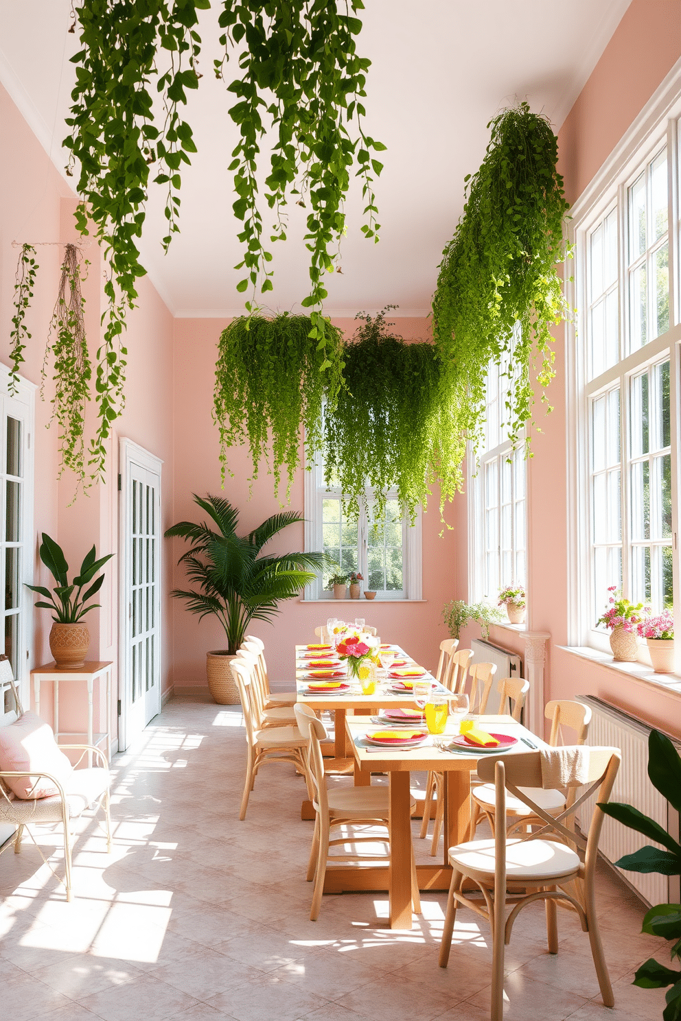 A bright summer dining room with large windows allowing natural light to flood the space. The table is set with vibrant tableware and surrounded by comfortable chairs, creating an inviting atmosphere. Lush hanging greenery cascades from the ceiling, adding a refreshing touch to the decor. Soft pastel colors adorn the walls, complementing the natural elements and enhancing the overall warmth of the room.