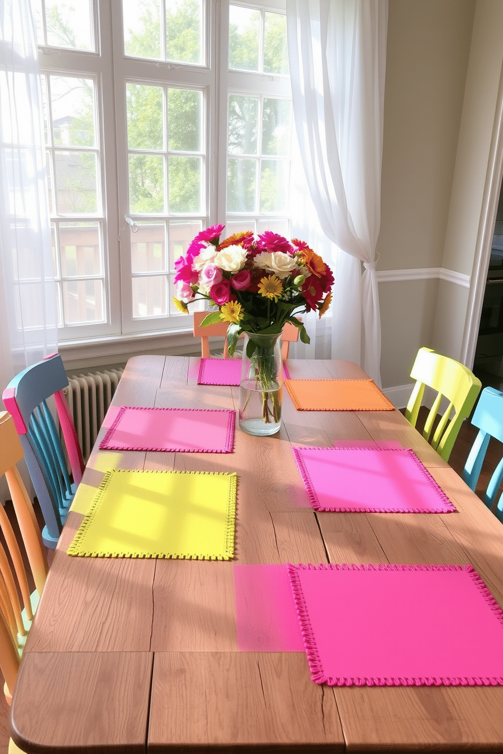 Colorful placemats in vibrant hues are spread across a rustic wooden dining table, adding a cheerful touch to the setting. Surrounding the table are mismatched chairs, each painted in different pastel colors, creating a playful and inviting atmosphere. A centerpiece of fresh flowers in a bright vase sits in the middle of the table, enhancing the summer theme. Soft, natural light streams in through large windows adorned with sheer white curtains, illuminating the space and making it feel airy and fresh.