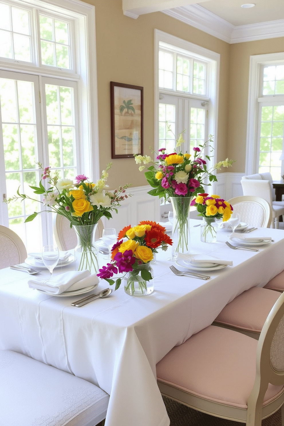 A bright summer dining room setting. The table is elegantly set with white linens and glass vases filled with seasonal blooms in vibrant colors. Surrounding the table are stylish chairs with soft cushions. Large windows allow natural light to flood the space, enhancing the cheerful atmosphere.