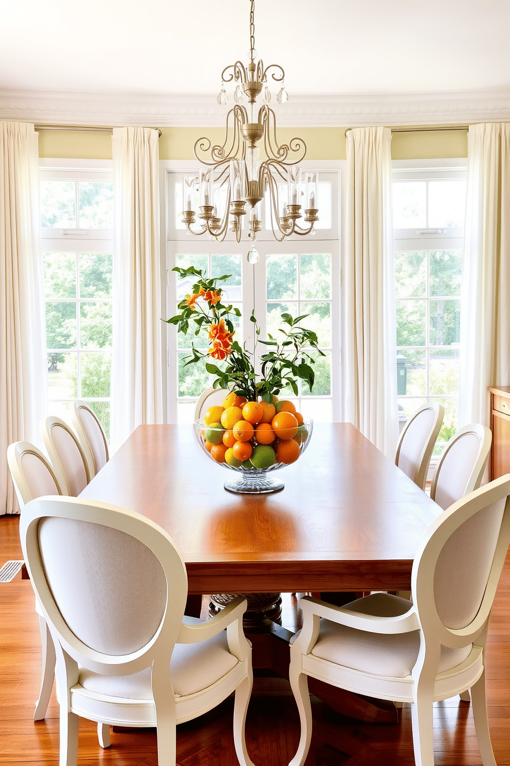 A vibrant summer dining room setting filled with citrus fruit arrangements. A large wooden dining table is adorned with a colorful centerpiece of oranges, lemons, and limes in a clear glass bowl. Around the table, elegant white chairs with soft cushions invite guests to sit. The walls are painted in a light pastel hue, and natural light streams in through large windows draped with sheer curtains.