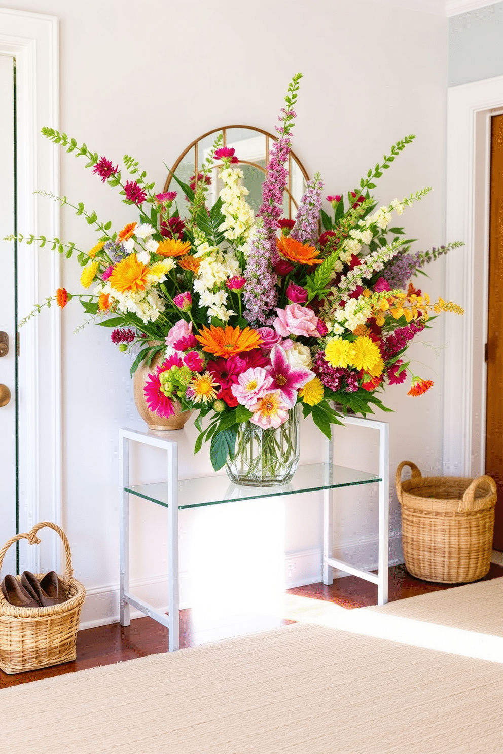 Brighten your summer entryway with vibrant flower arrangements that welcome guests. Consider using a mix of seasonal blooms in a stylish vase placed on a console table. Incorporate natural elements like a woven basket for shoes and a light-colored rug to enhance the airy feel. Use soft lighting to create an inviting atmosphere that complements the fresh floral displays.