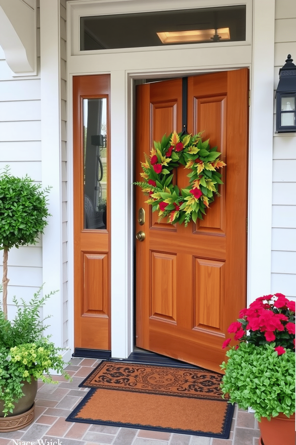 A bright and inviting entryway features a beautifully crafted wooden door adorned with a vibrant seasonal wreath. The surrounding area is decorated with potted plants and a stylish doormat, creating a warm welcome for guests.