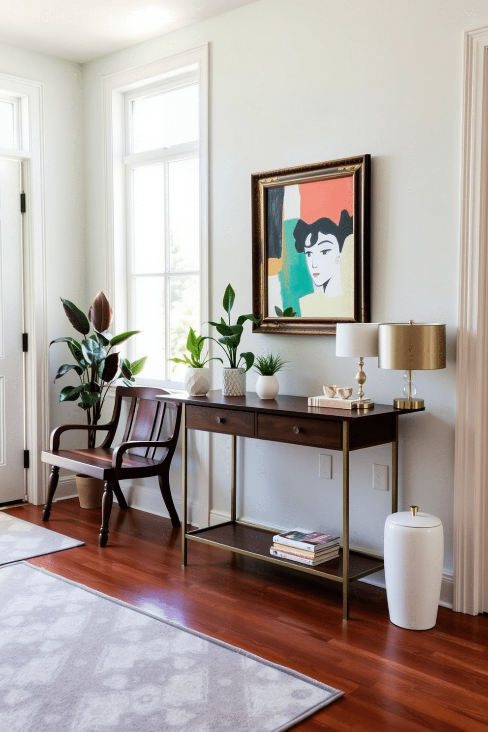 A bright entryway filled with natural light featuring a vintage wooden bench against the wall. Above the bench, a modern abstract painting adds a pop of color while a collection of potted plants brings a fresh touch to the space. On the floor, a geometric patterned rug contrasts beautifully with the classic hardwood. A stylish mirror with a vintage frame hangs above a sleek console table, adorned with contemporary decorative objects and a vintage lamp.