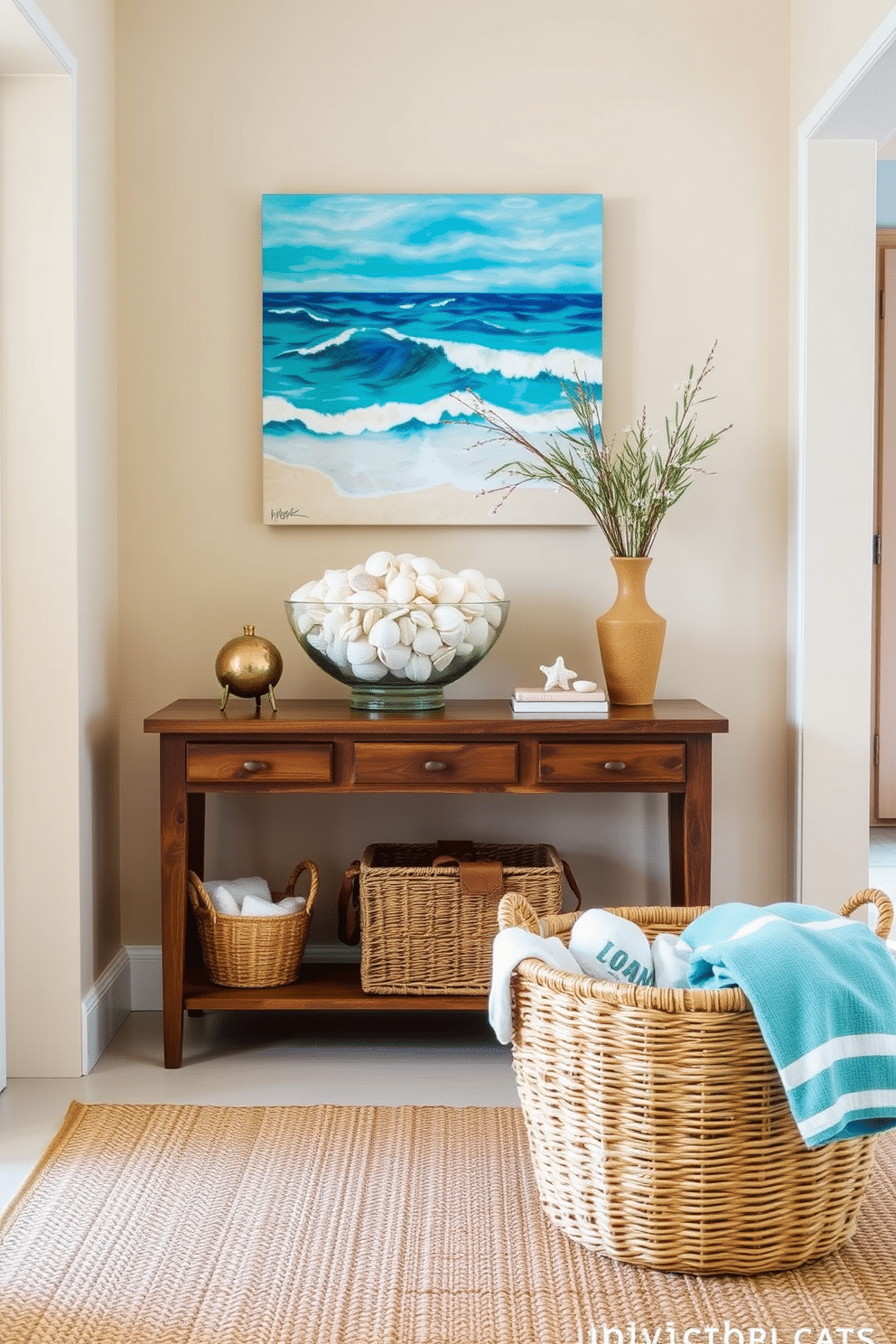 A light and airy entryway adorned with beach elements. Seashells are artfully arranged in a large glass bowl on a wooden console table, while a woven basket filled with beach towels sits nearby. The walls are painted in a soft sandy beige, complemented by a jute rug that adds texture to the space. A vibrant piece of ocean-themed artwork hangs above the console, inviting a sense of summer relaxation into the home.