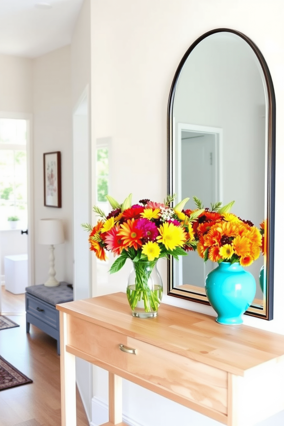 A bright and airy entryway filled with summer vibes. Large mirrors are strategically placed to reflect natural light, creating an inviting atmosphere. The walls are painted in a soft pastel color, complemented by a light wooden console table. Fresh flowers in a vibrant vase sit on the table, adding a pop of color to the space.