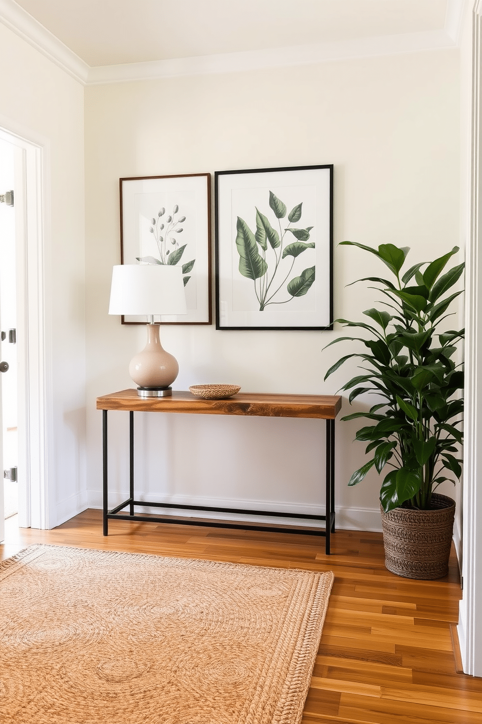 A bright and airy entryway with a woven jute rug covering the hardwood floor. The walls are painted in a soft pastel hue, adorned with framed botanical prints that add a touch of nature. A stylish console table made of reclaimed wood sits against the wall, topped with a sleek ceramic lamp and a decorative bowl. A large potted plant in the corner brings life to the space, complementing the natural elements throughout the entryway.