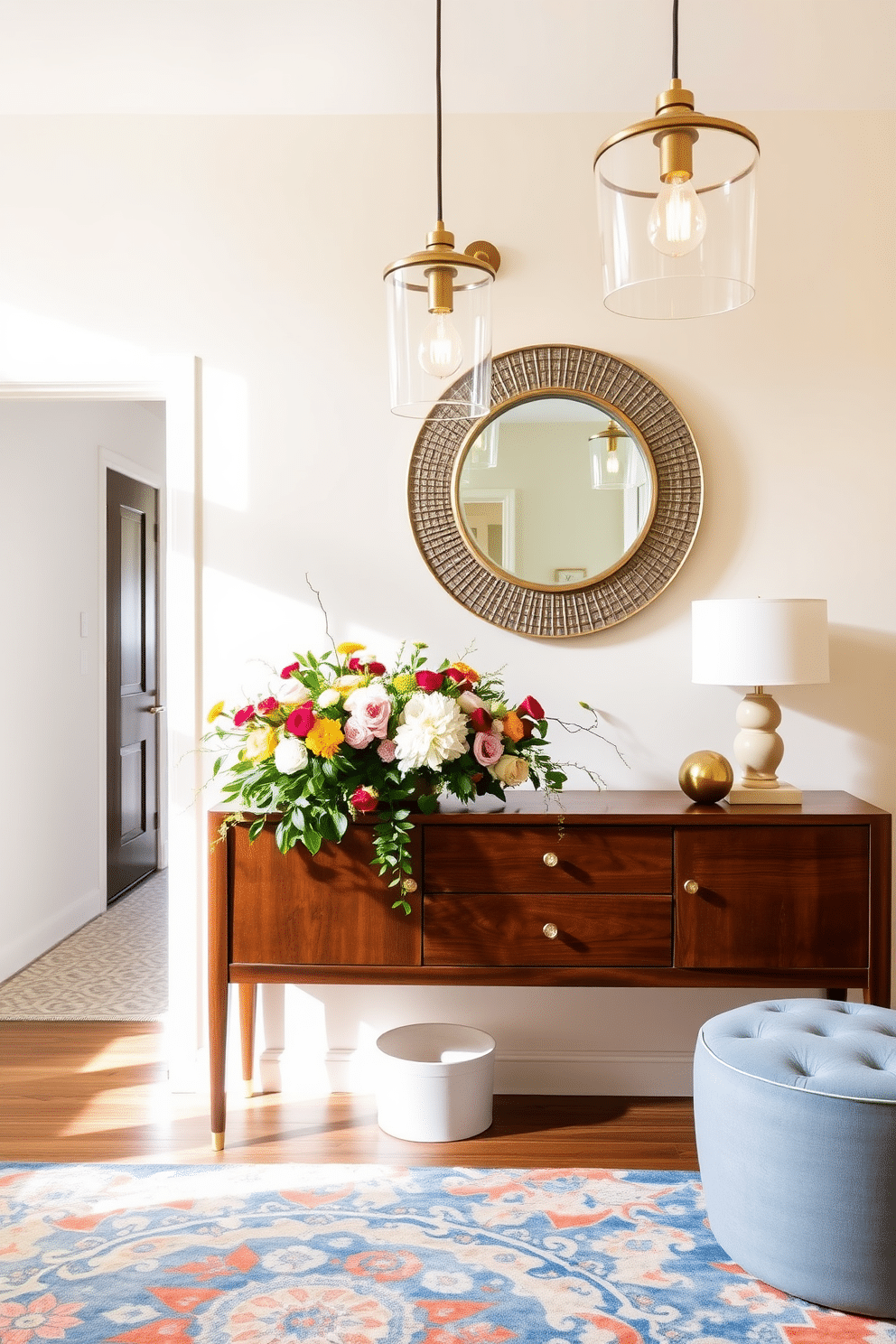 A bright and inviting entryway features a large wooden console table adorned with a vibrant floral arrangement. Stylish pendant lights hang from the ceiling, casting a warm glow over the space. The walls are painted in a soft pastel hue, complemented by a chic area rug that adds a pop of color. A decorative mirror above the console reflects the light, enhancing the overall ambiance of the entryway.