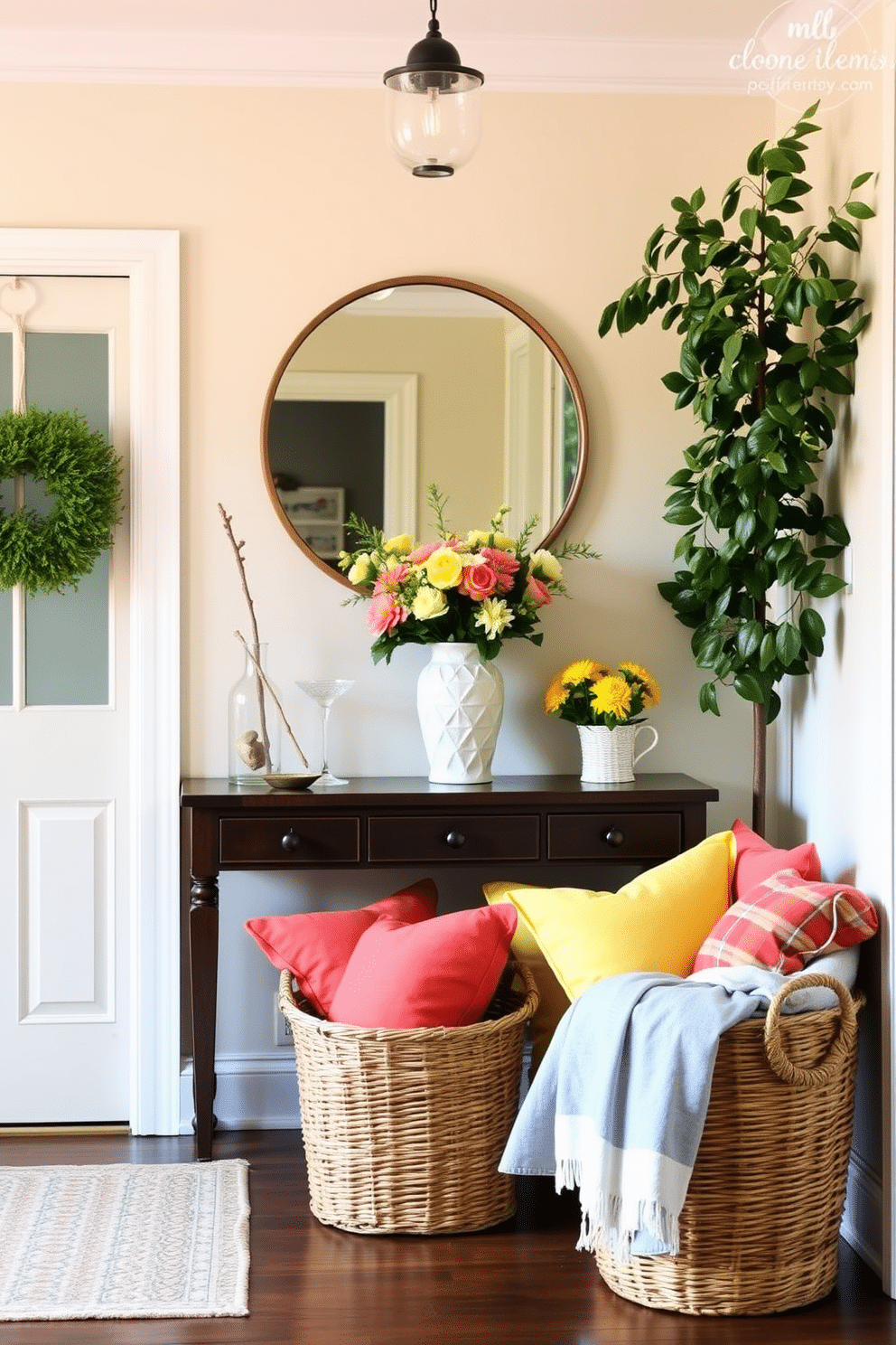 A bright and inviting entryway filled with summer charm. The space features a console table adorned with a vibrant floral arrangement and a large round mirror above it. Colorful throw pillows in shades of yellow and coral are scattered on a cozy bench, inviting guests to sit. A woven basket filled with fresh blankets sits beside the bench, adding a touch of warmth and comfort.