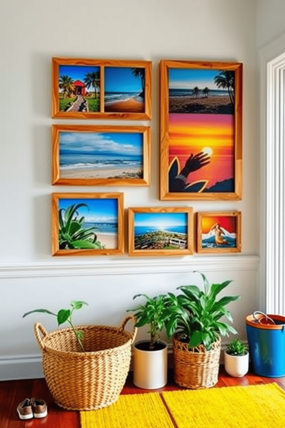 Create a gallery wall featuring an assortment of summer photographs framed in natural wood. The images should include beach scenes, vibrant sunsets, and lush greenery to evoke a warm, inviting atmosphere. Design an entryway that captures the essence of summer with bright colors and fresh elements. Incorporate a woven basket for shoes, a cheerful welcome mat, and potted plants to create a lively and welcoming space.