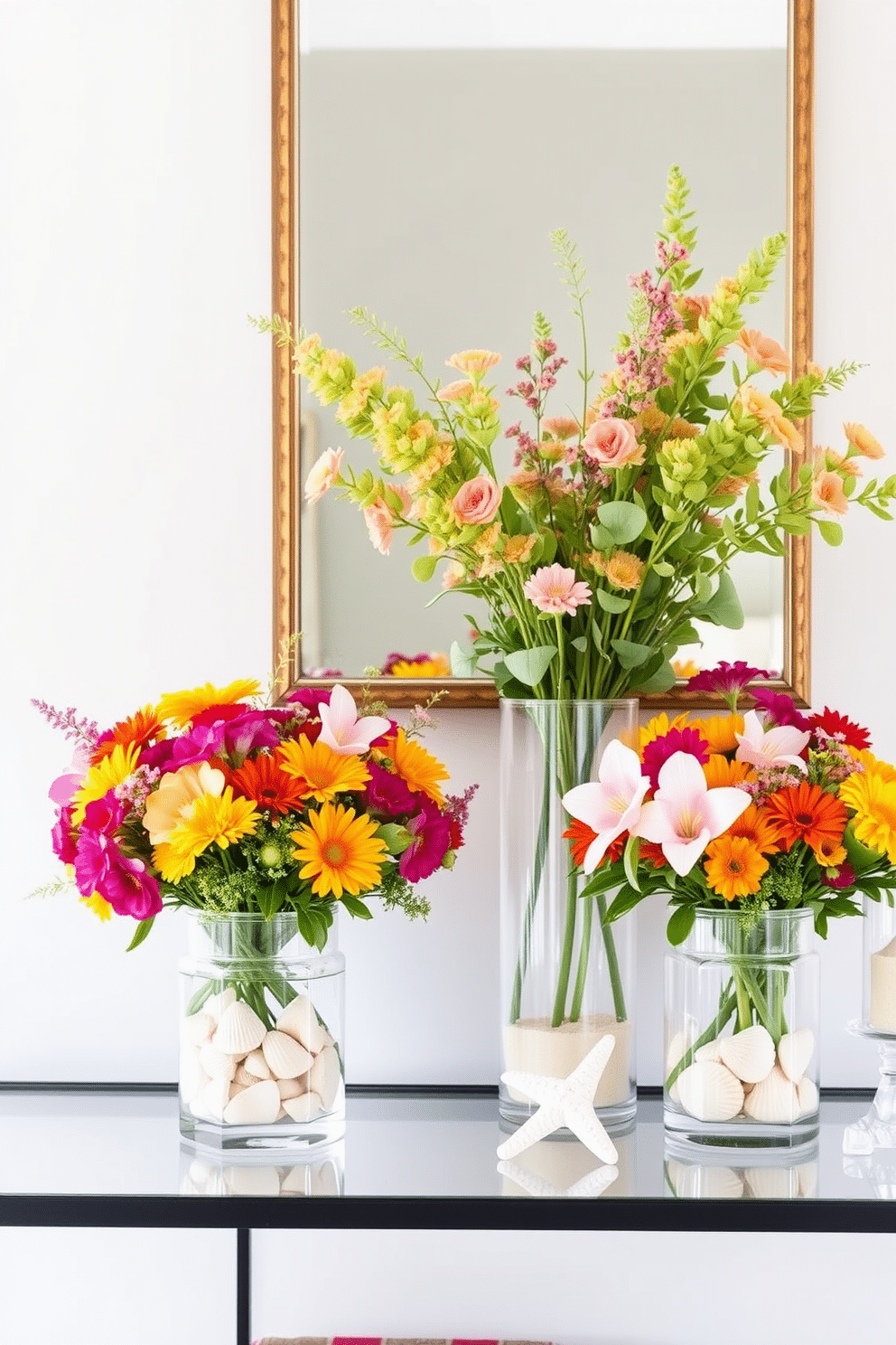 Create a bright and inviting summer entryway by using clear containers filled with vibrant seasonal flowers and greenery. Arrange these containers on a console table or a shelf to enhance the welcoming atmosphere of your home. Incorporate decorative elements like seashells or sand in the clear containers to evoke a coastal feel. Add a light-colored rug and a few beach-themed accents to complete the summer-inspired entryway decor.