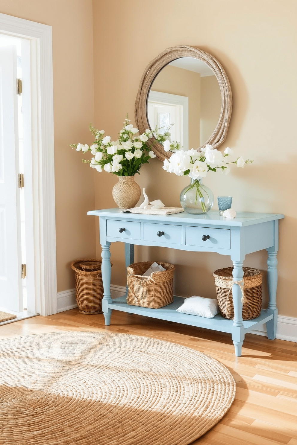 A bright and airy entryway filled with coastal inspired accessories. A woven jute rug lies underfoot, while a light blue console table displays a collection of seashells and a large glass vase filled with fresh white flowers. The walls are painted in a soft sandy beige, creating a warm and inviting atmosphere. Above the table, a round mirror with a driftwood frame reflects natural light and enhances the coastal theme.